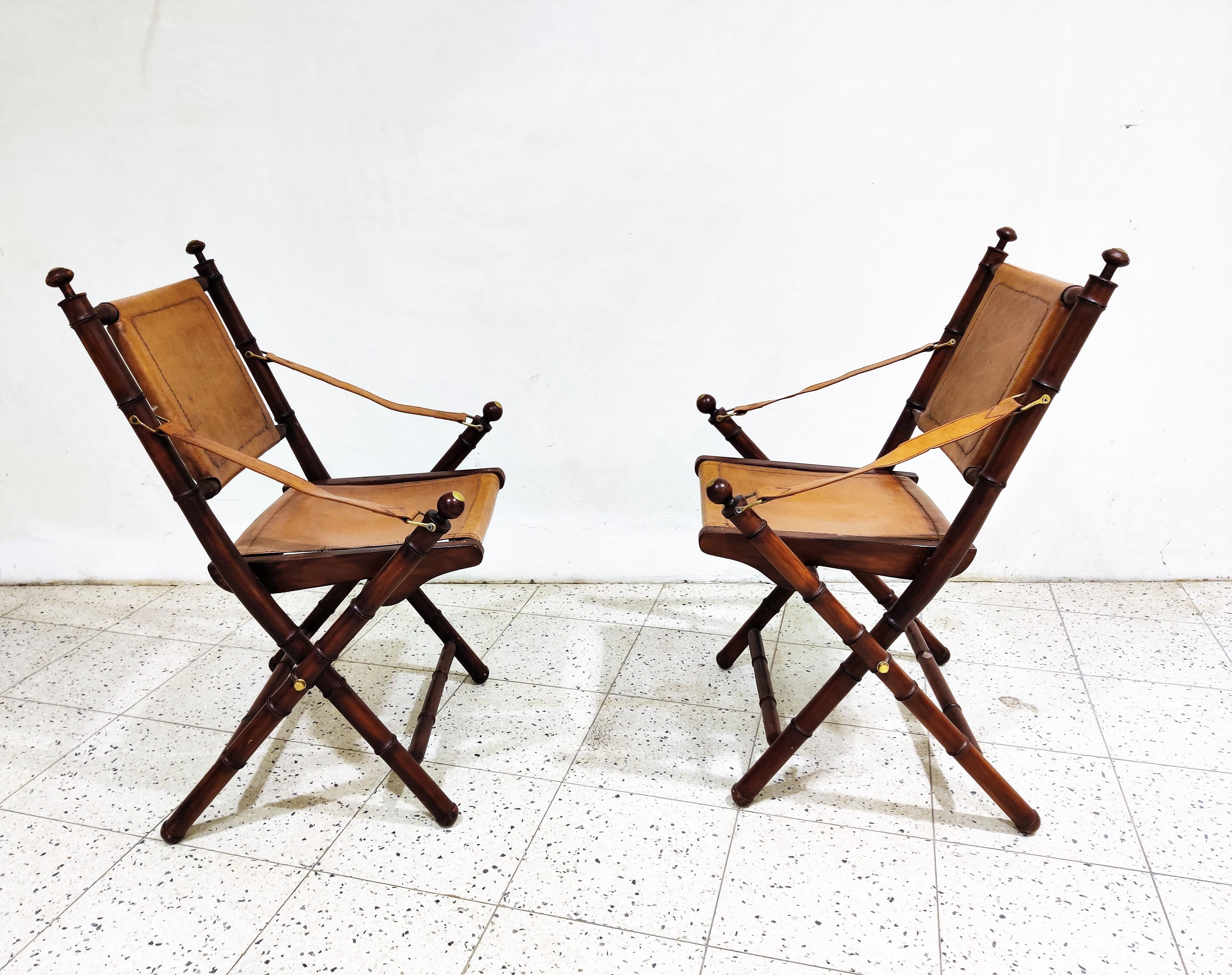 French Pair of Vintage Military Leather Campaign Chairs, 1960s