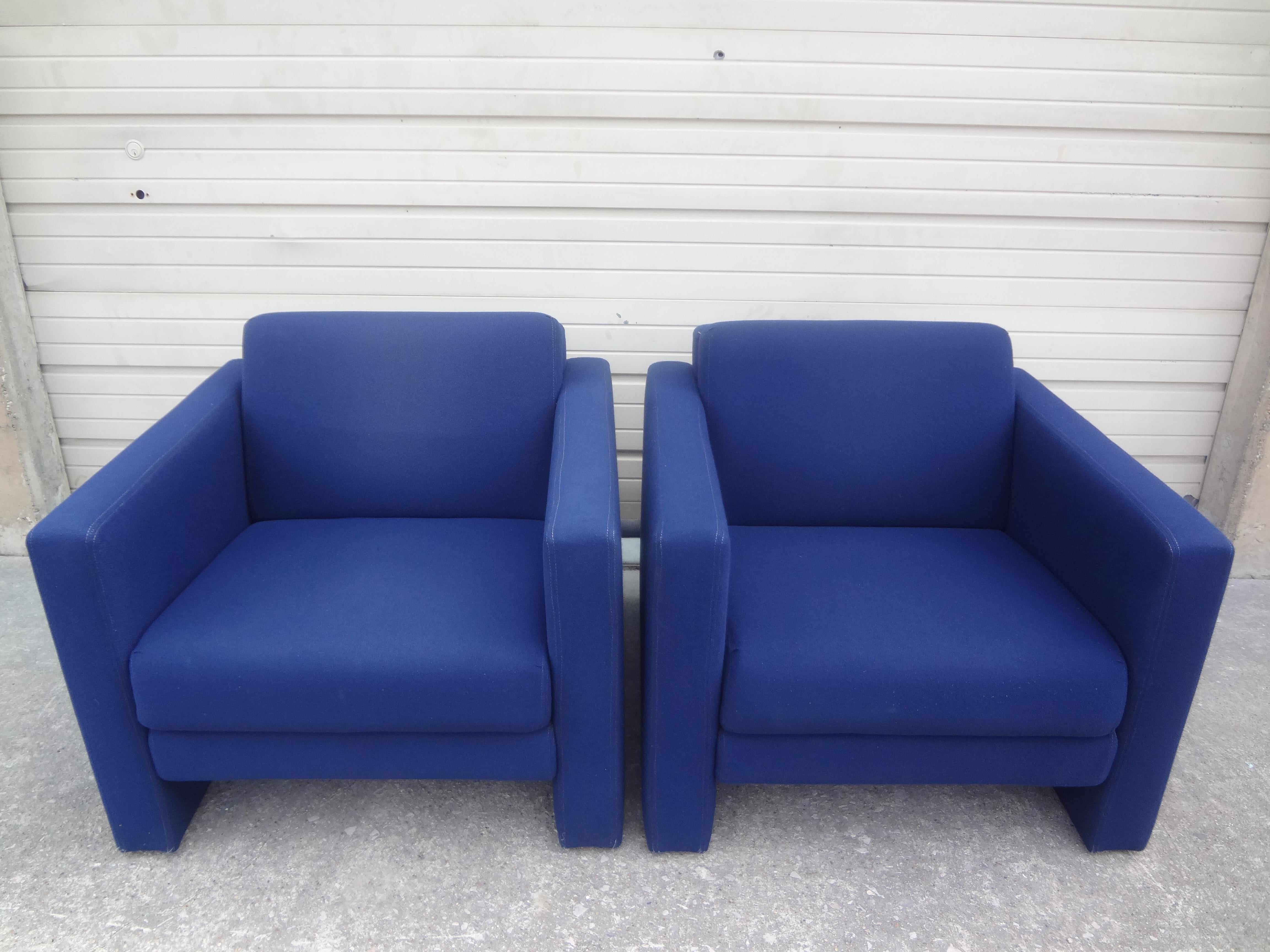 Pair of vintage Milo Baughman style club chairs or cube chairs. These handsome and comfortable chairs are stunning from every angle. They retain their original fabric which is used but in fairly good condition. Easy to reupholster if desired.