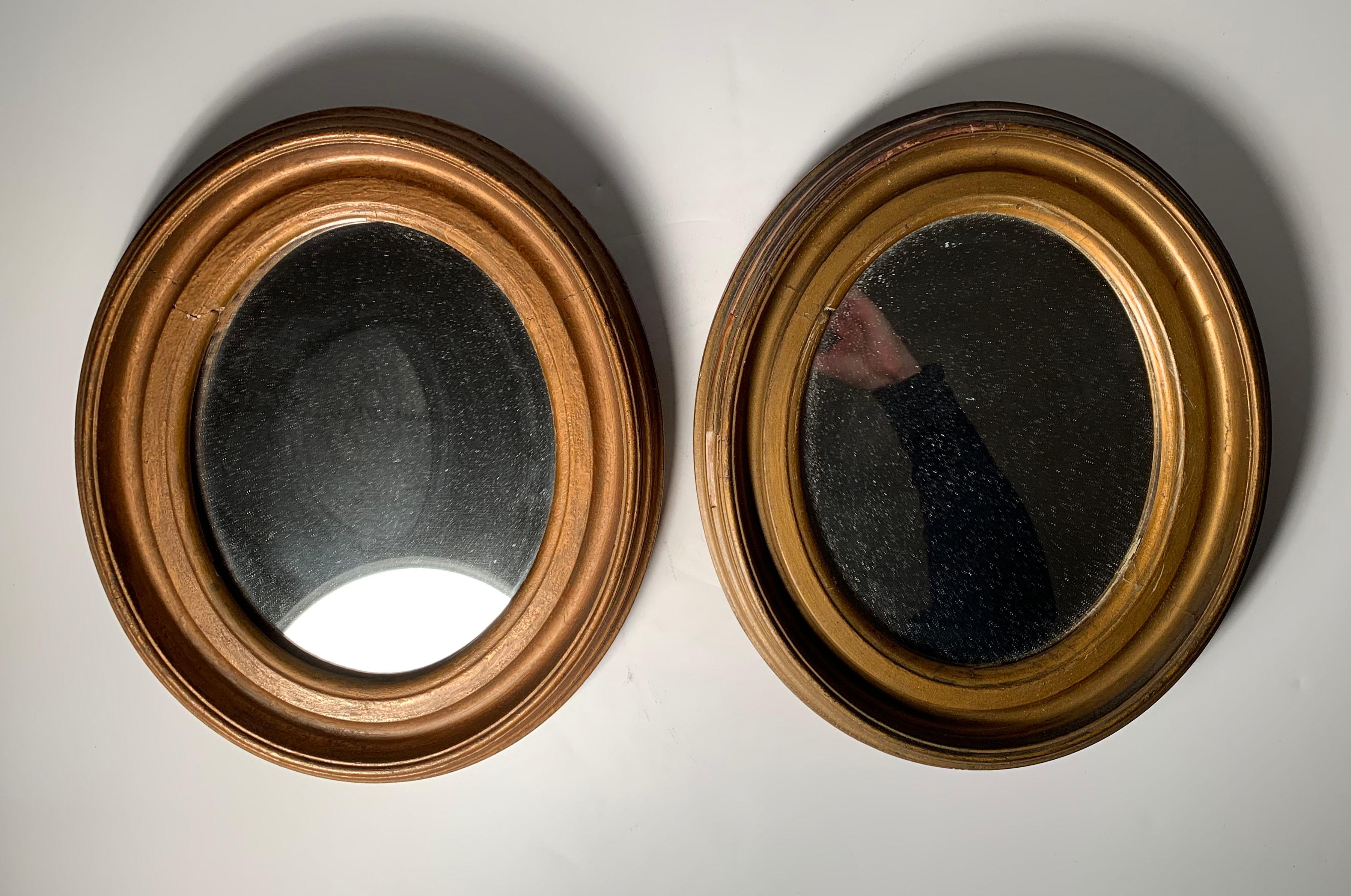 19th Century Pair of Vintage Miniature Italian Gilt Oval Frame Mirrors For Sale