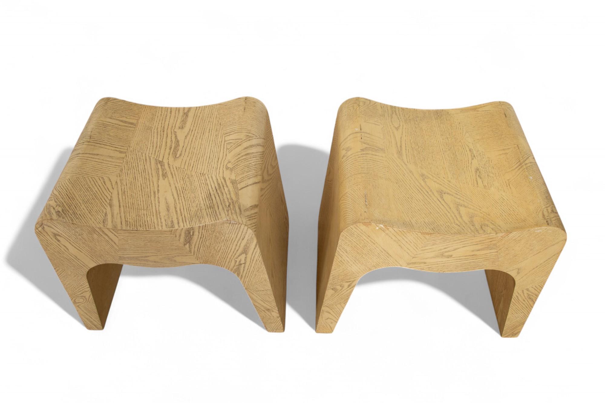 Veneer Pair of Vintage Minimalist Cerused Oak Stools, USA 1980s For Sale