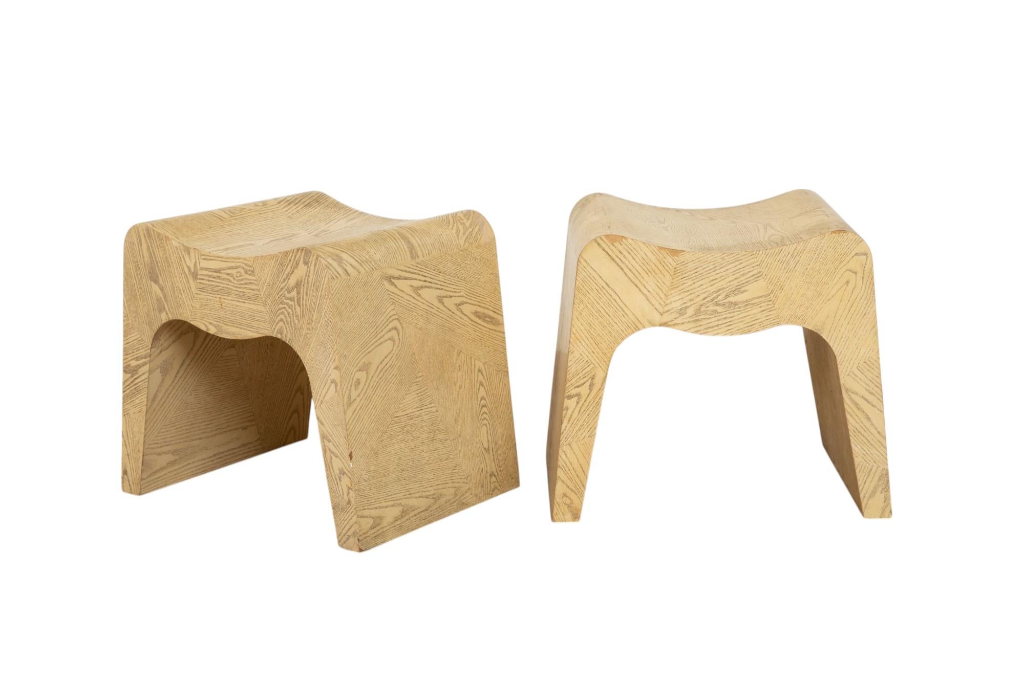 Late 20th Century Pair of Vintage Minimalist Cerused Oak Stools, USA 1980s For Sale