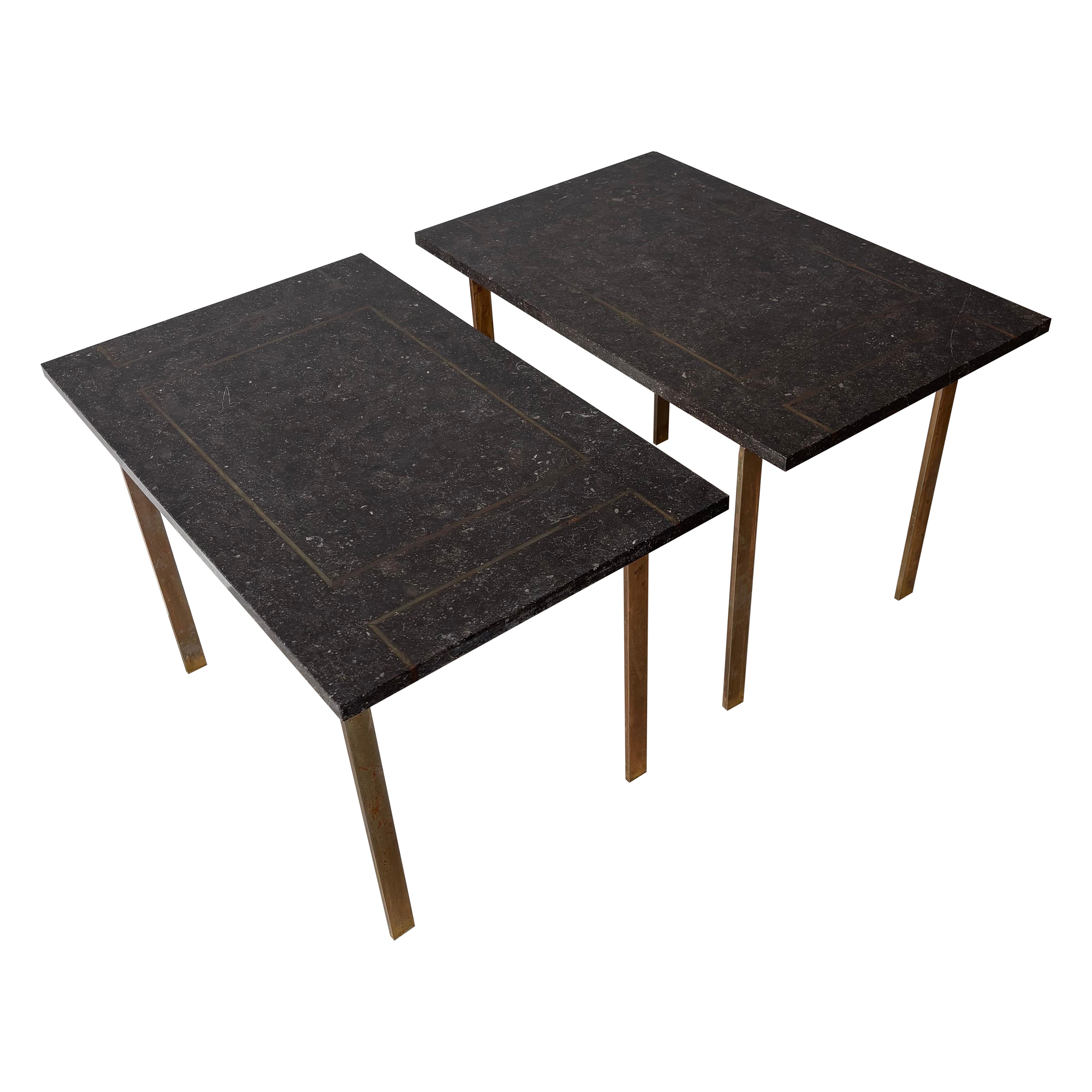 Pair of Vintage Minimalist Side Tables - Brass and Granite