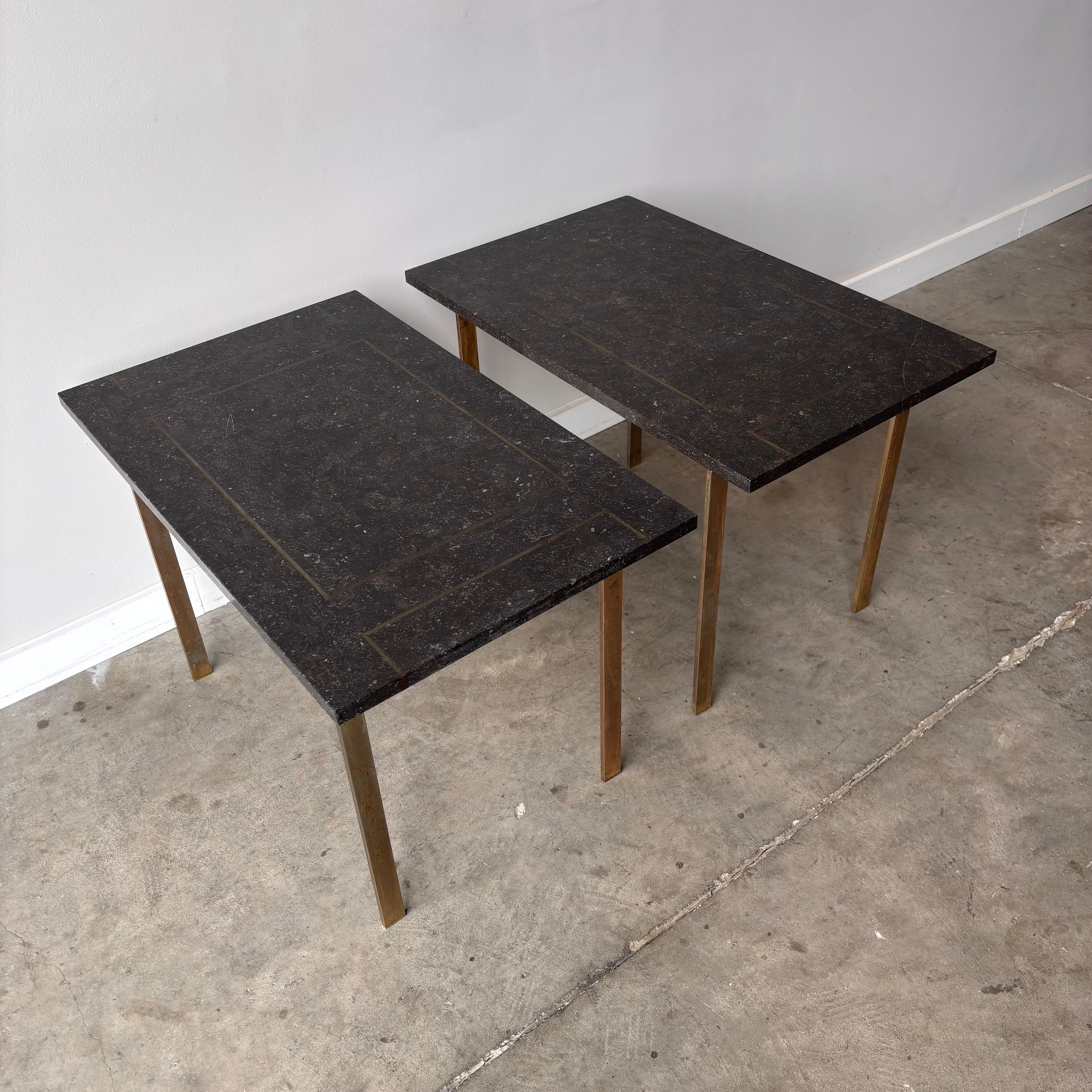 Pair of Vintage Minimalist Side Tables - Brass and Granite