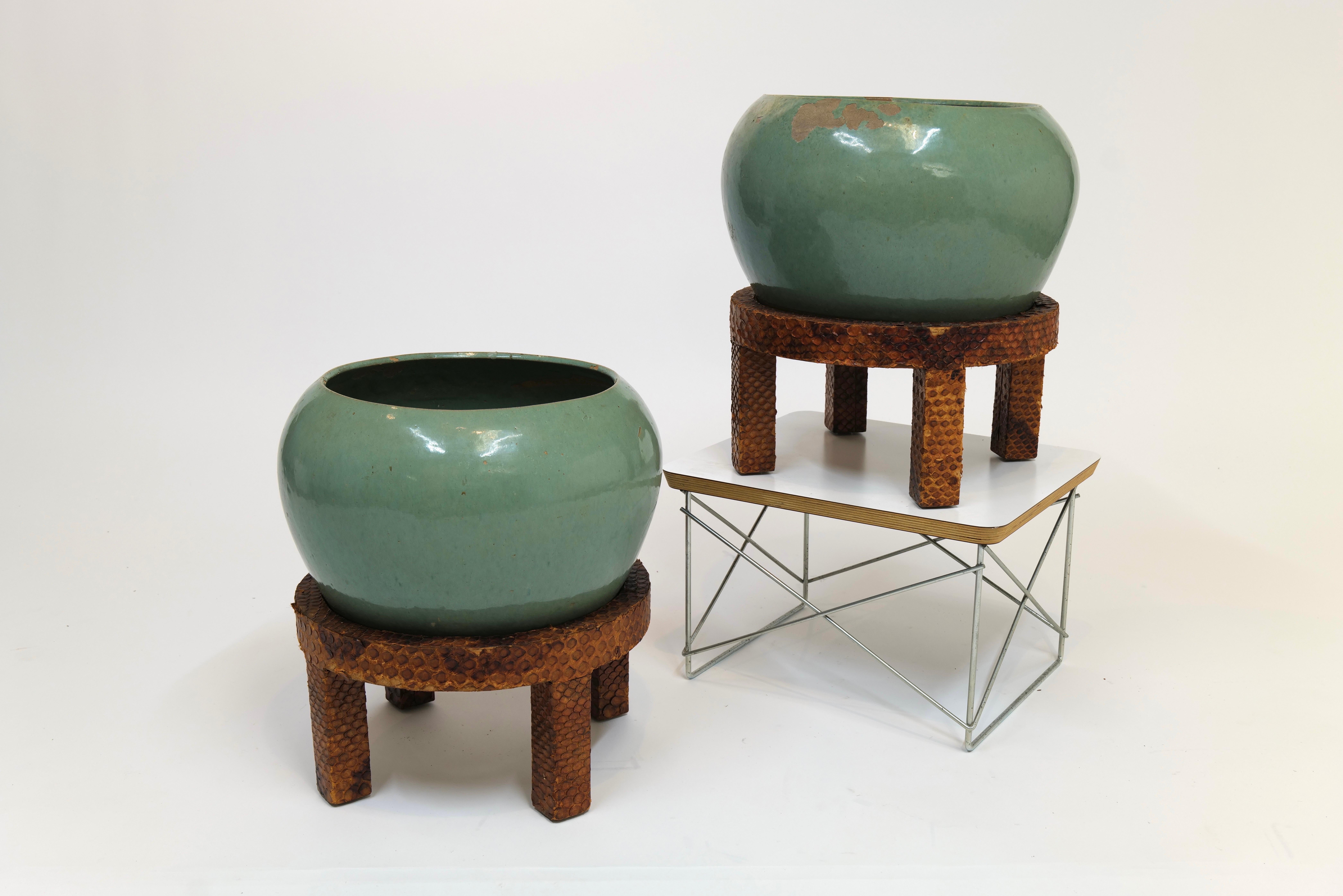 Une paire exceptionnelle de cache-pots en céramique émaillée verte du milieu du siècle, présentés sur des bases remarquables enveloppées de peau de serpent véritable, évocatrice de la matérialité exotique et des formes sculpturales caractéristiques