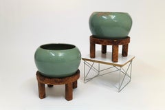 Ein Paar mintgrüne Keramik-Pflanzgefäße auf Ständern mit Schlangenhaut-Verpackung