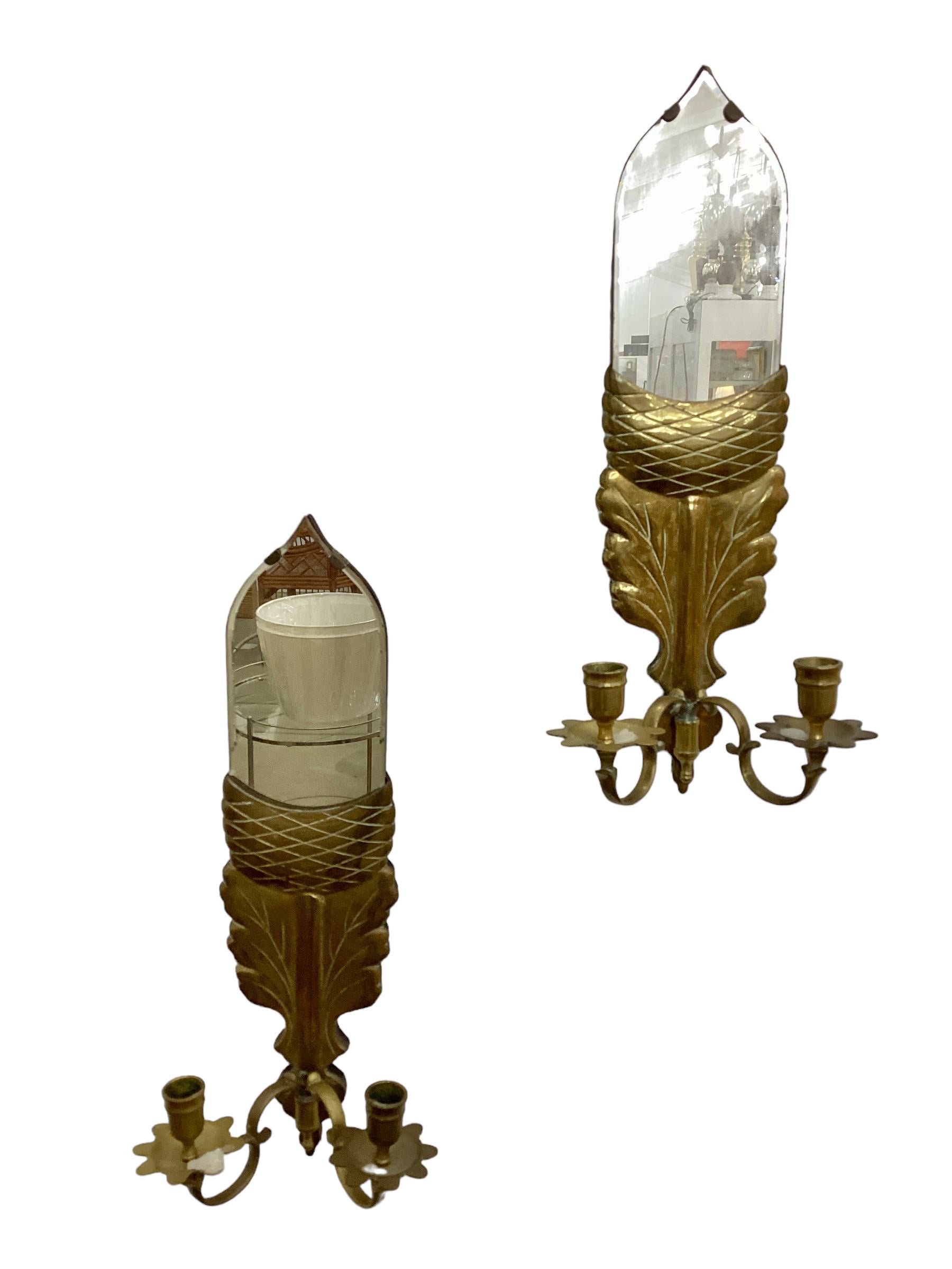 Pair of Vintage Mirror Back Sconces with Brass Acorn Motif  For Sale 1