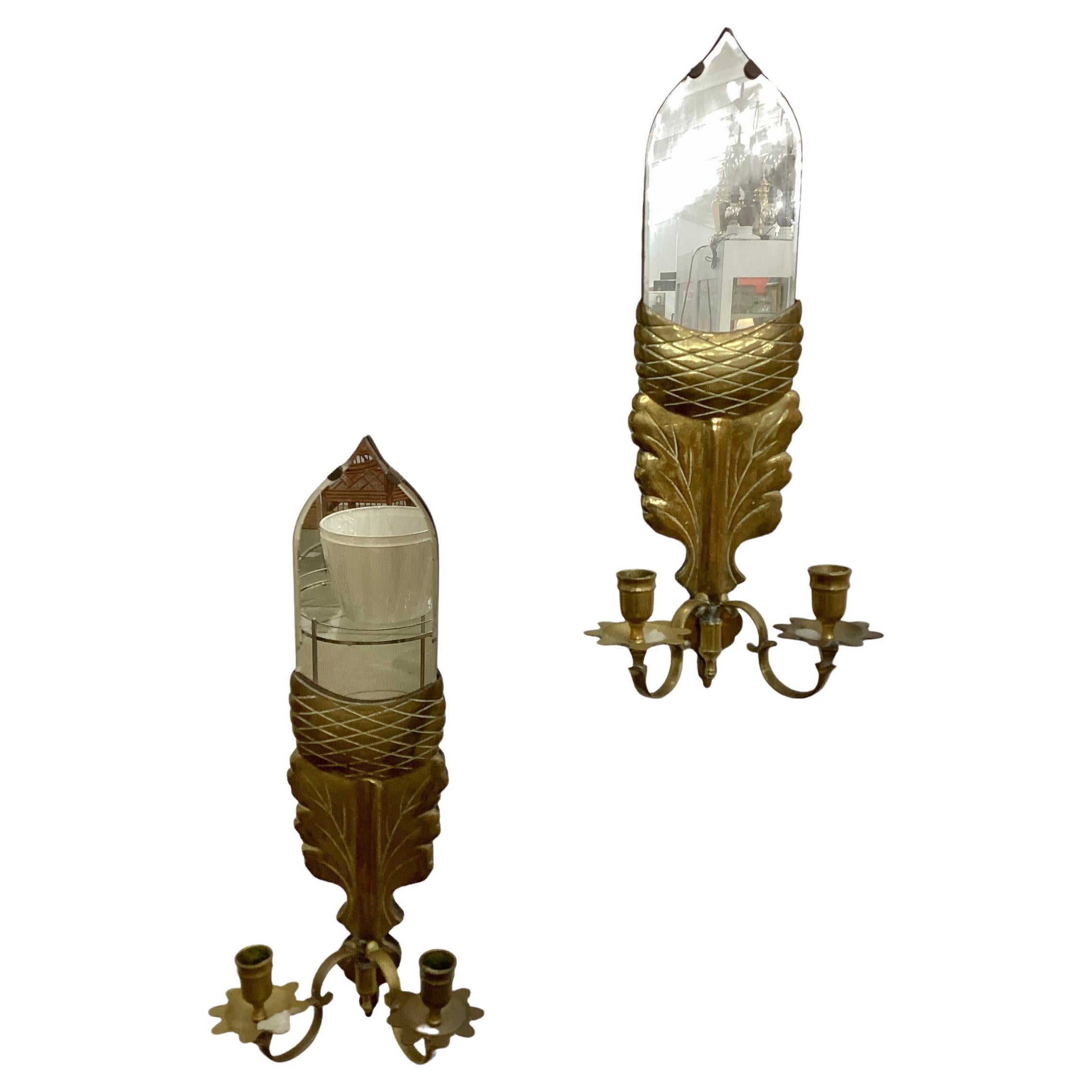 Pair of Vintage Mirror Back Sconces with Brass Acorn Motif 