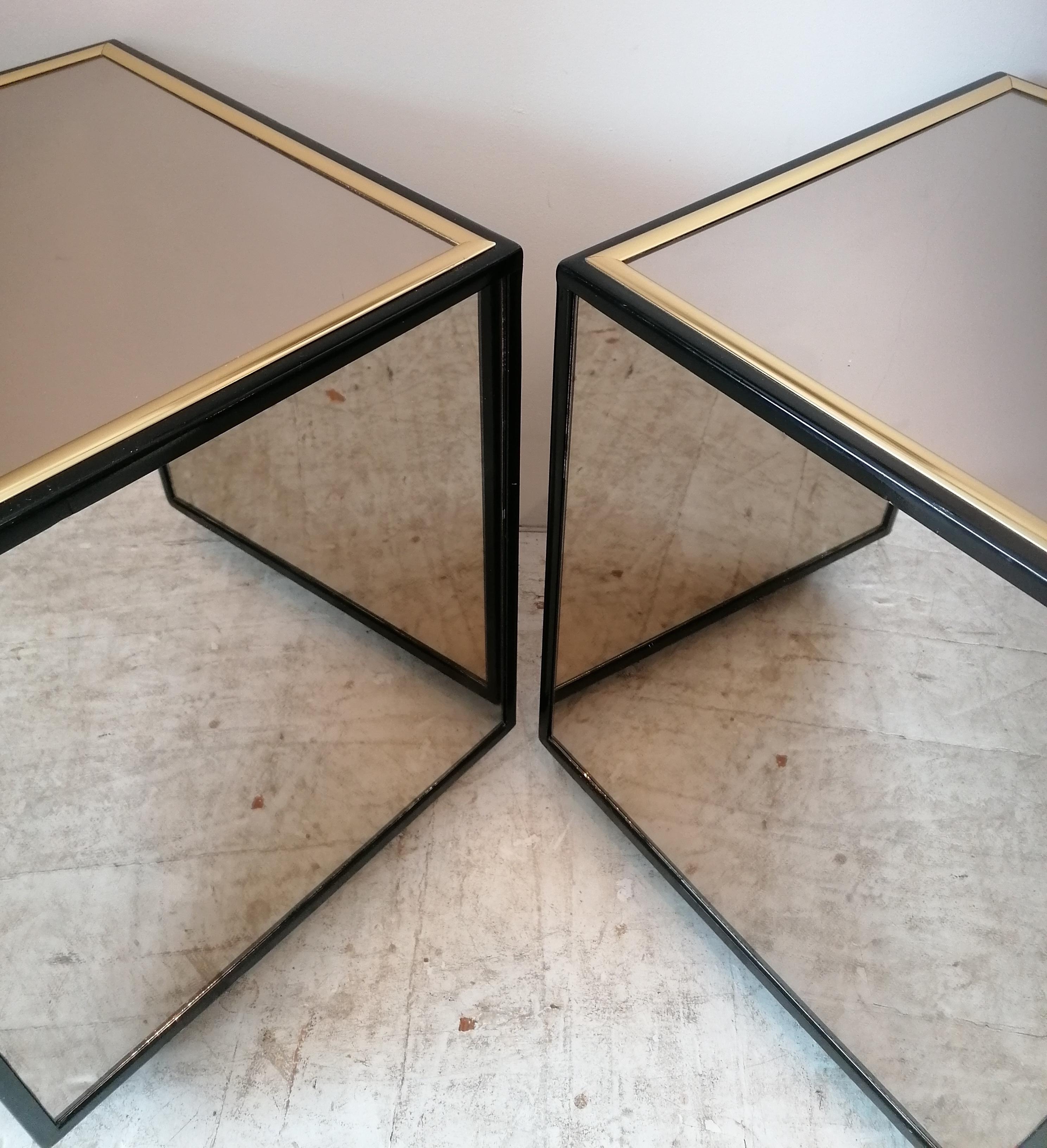 Pair of vintage mirror & black lacquer cube side tables by Henredon, USA 1970s 3