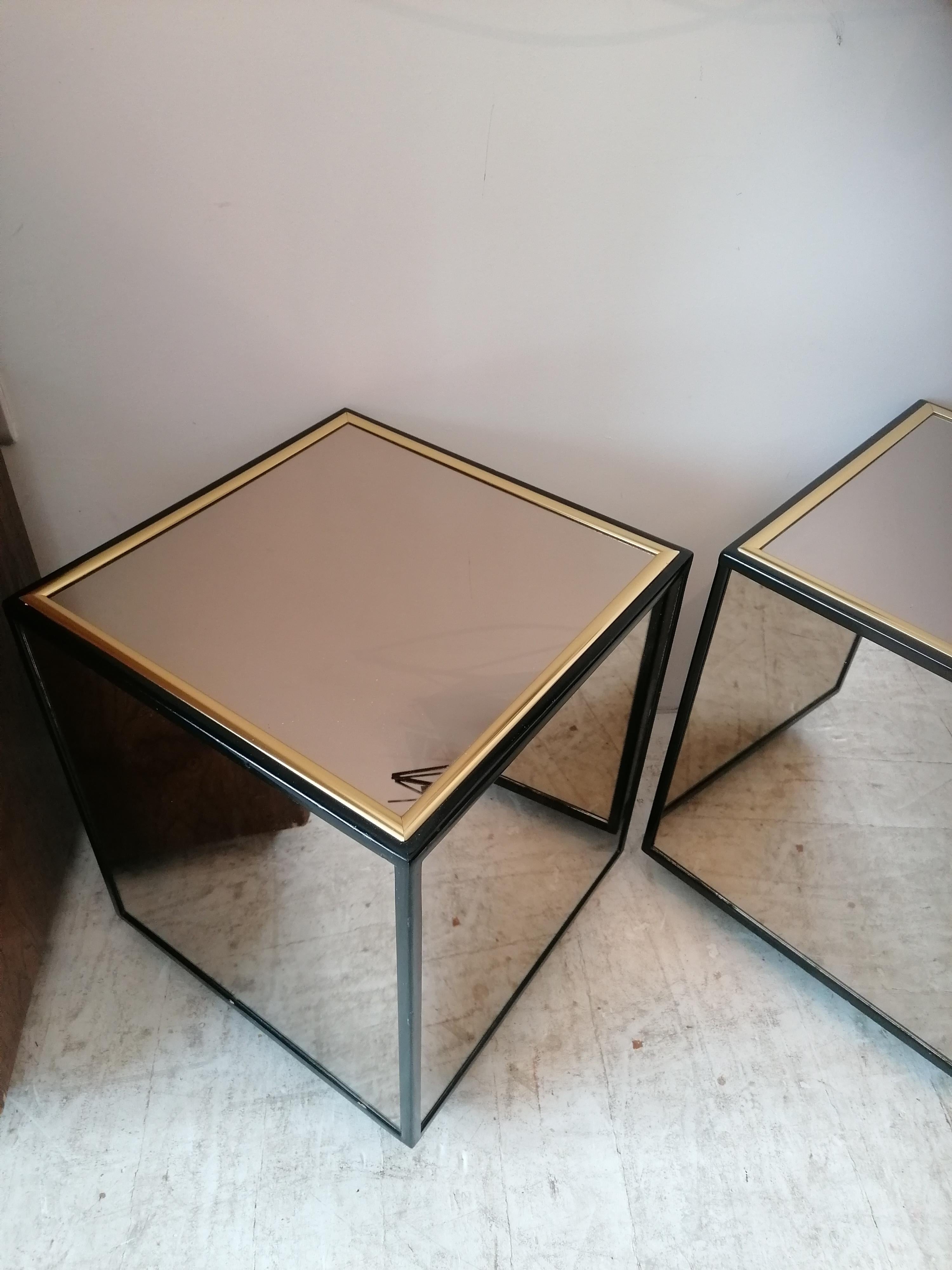 Pair of vintage mirror & black lacquer cube side tables by Henredon, USA 1970s 4
