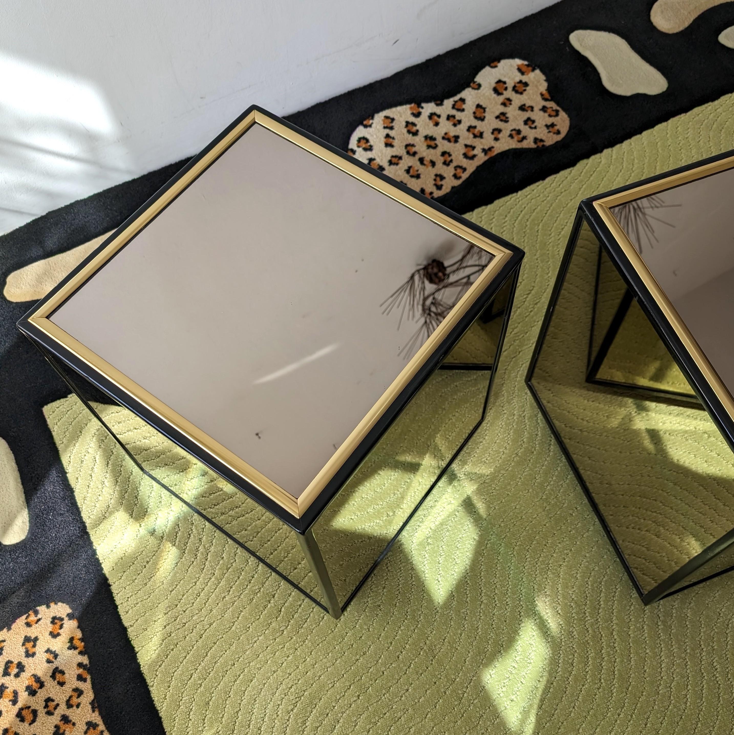 Pair of vintage mirror & black lacquer cube side tables by Henredon, USA 1970s 5