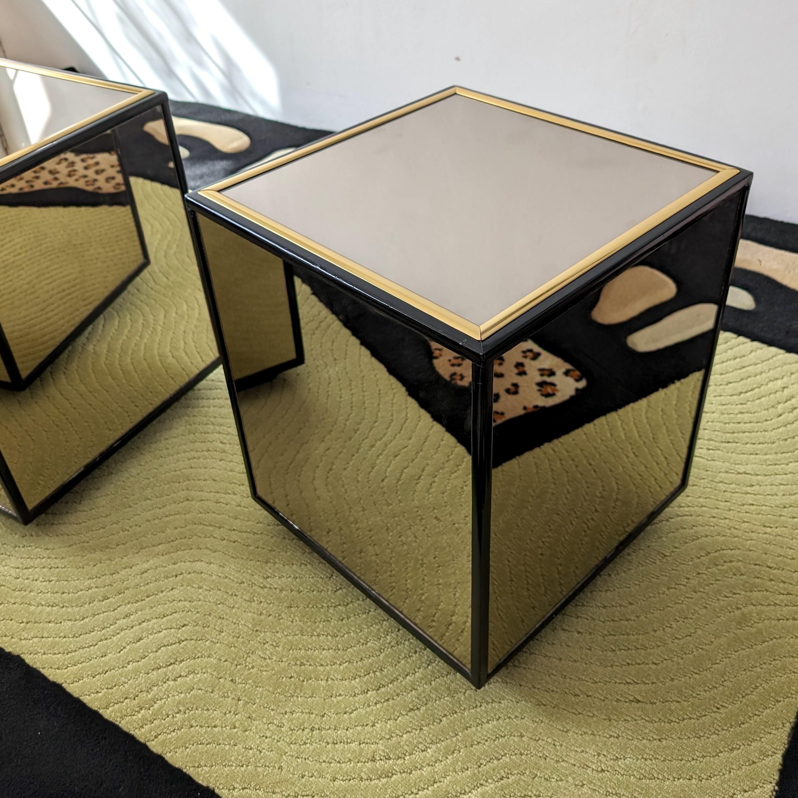 Pair of vintage mirror & black lacquer cube side tables by Henredon, USA 1970s 6