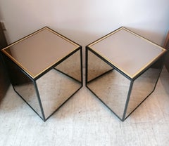 Pair of vintage mirror & black lacquer cube side tables by Henredon, USA 1970s