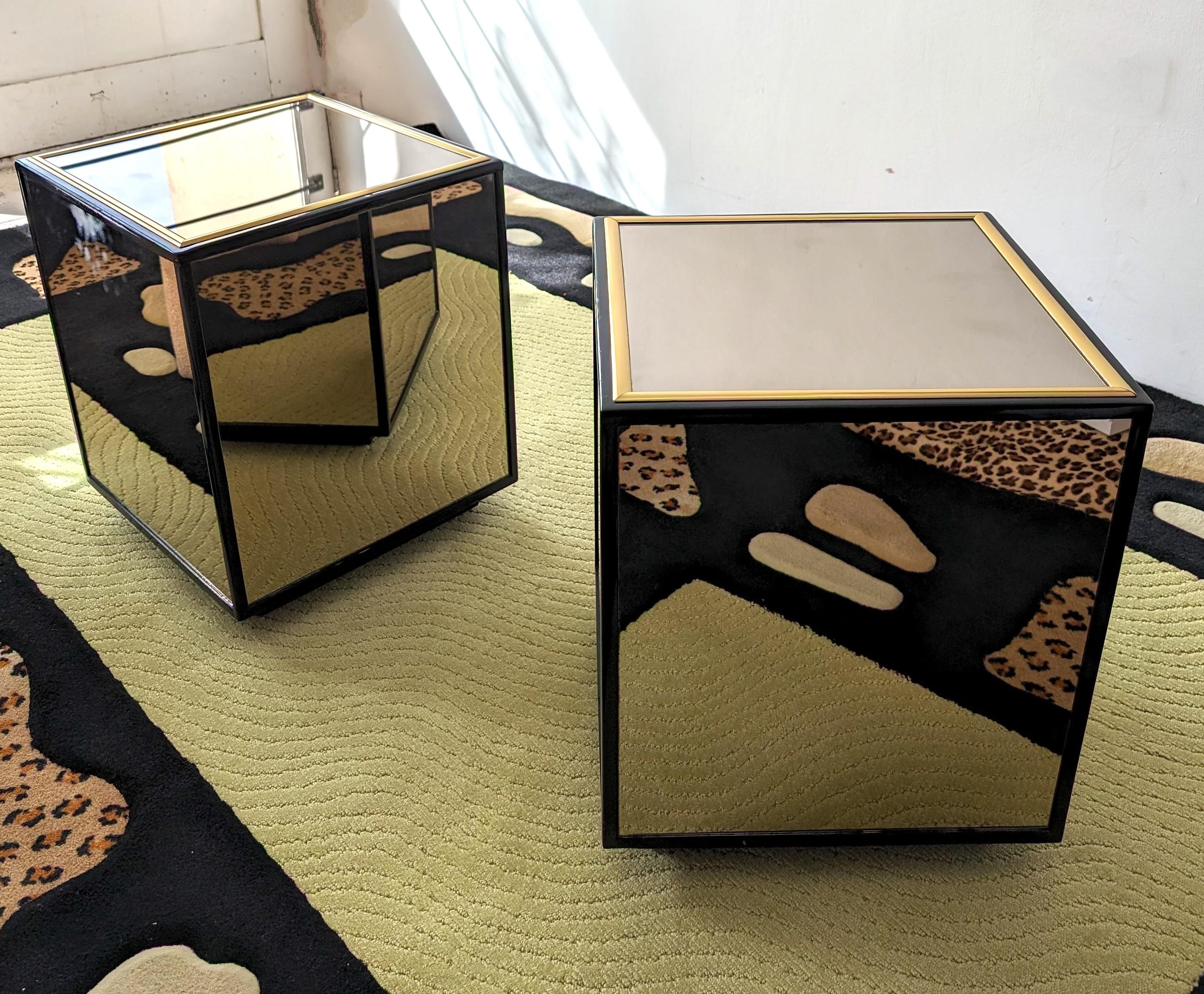 Pair of vintage mirror & black lacquer cube side tables by Henredon, USA 1970s 2