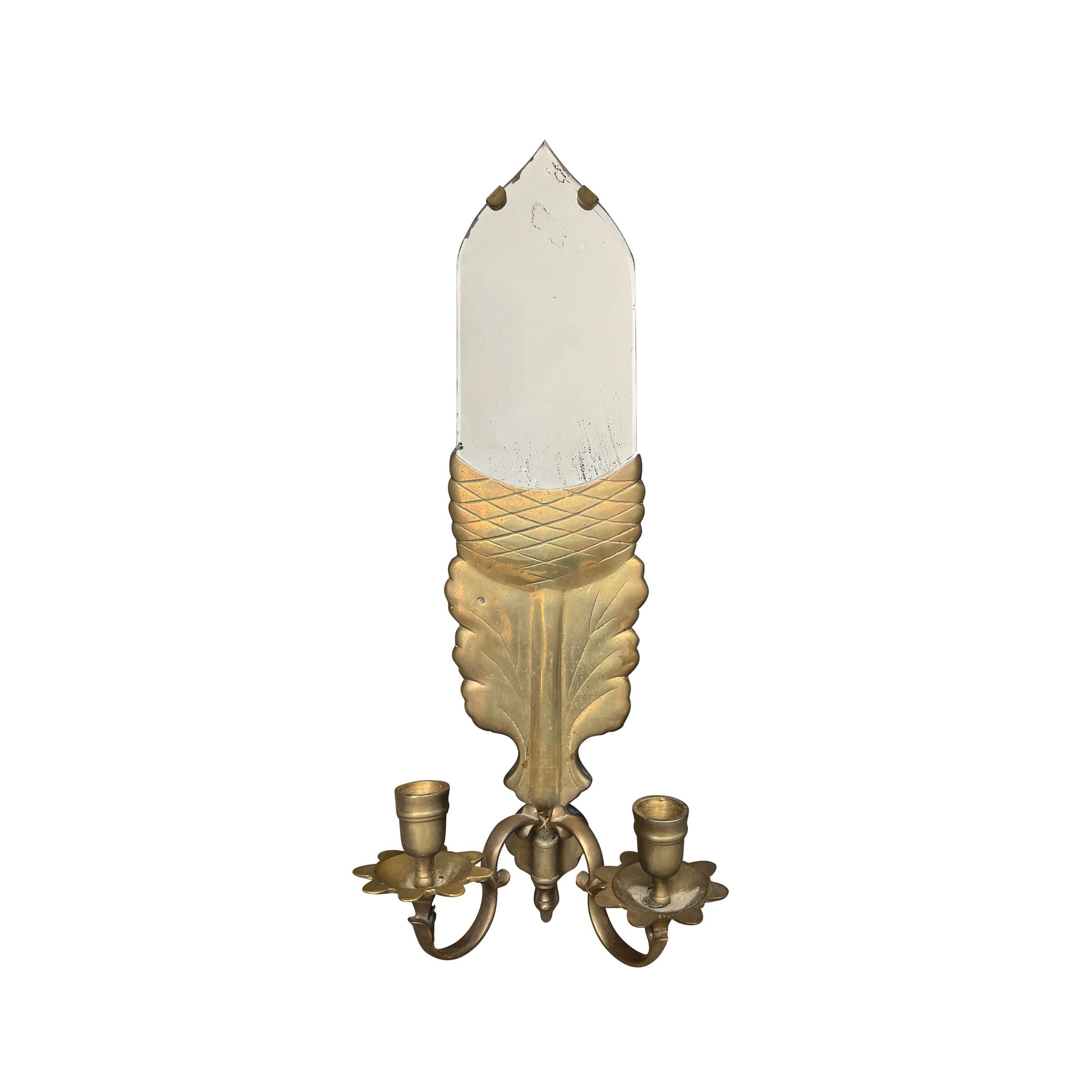 Country Pair of Vintage Mirrored Brass Acorn Candle Sconces