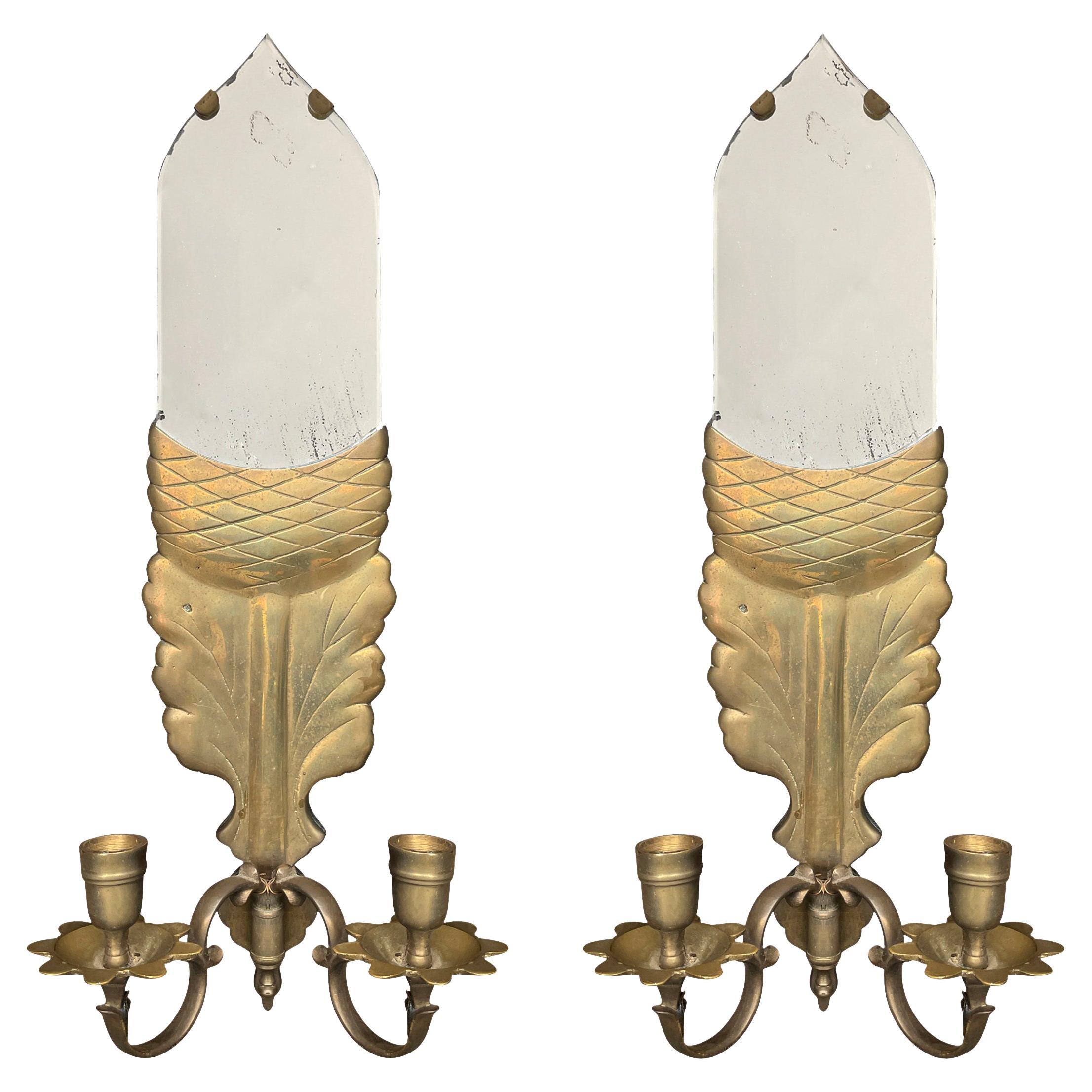 Pair of Vintage Mirrored Brass Acorn Candle Sconces