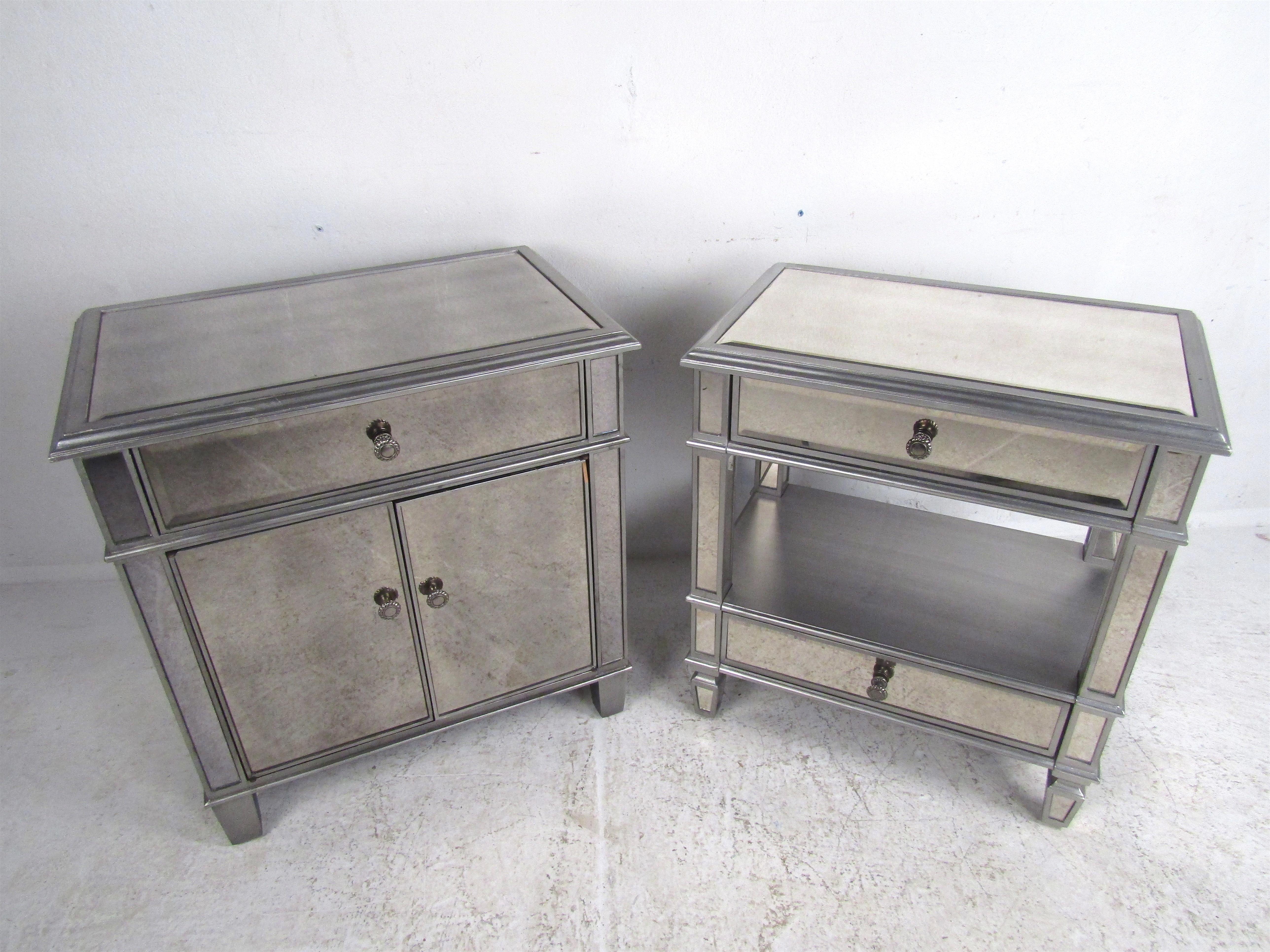 The beautiful pair of side tables features two different unique designs, both with a mirrored finish. One has a larger storage space with two doors and a pullout / pull-out drawer while the other has one pullout / pull-out drawer and an open space