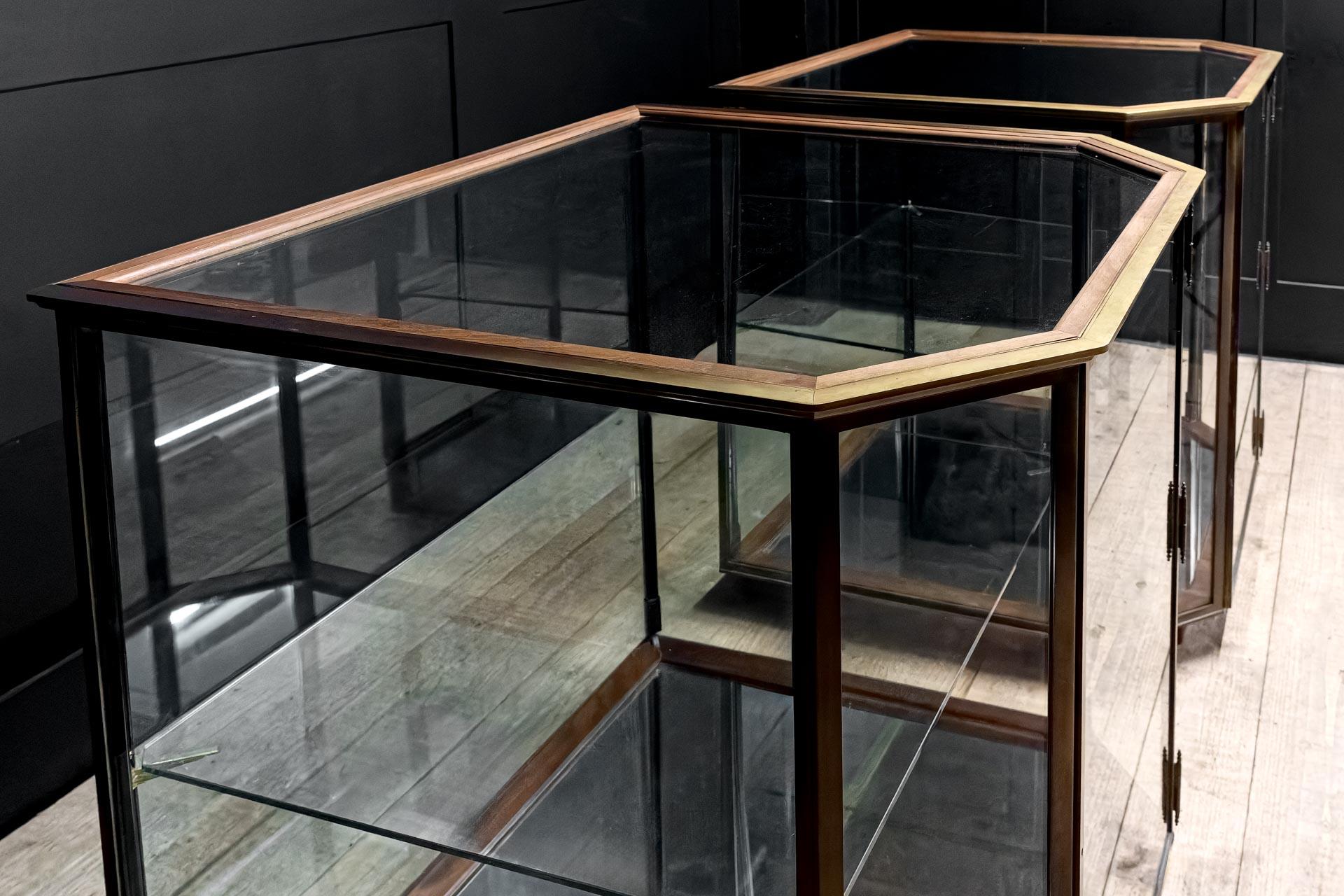 European Pair of vintage mitre cornered display cabinets For Sale