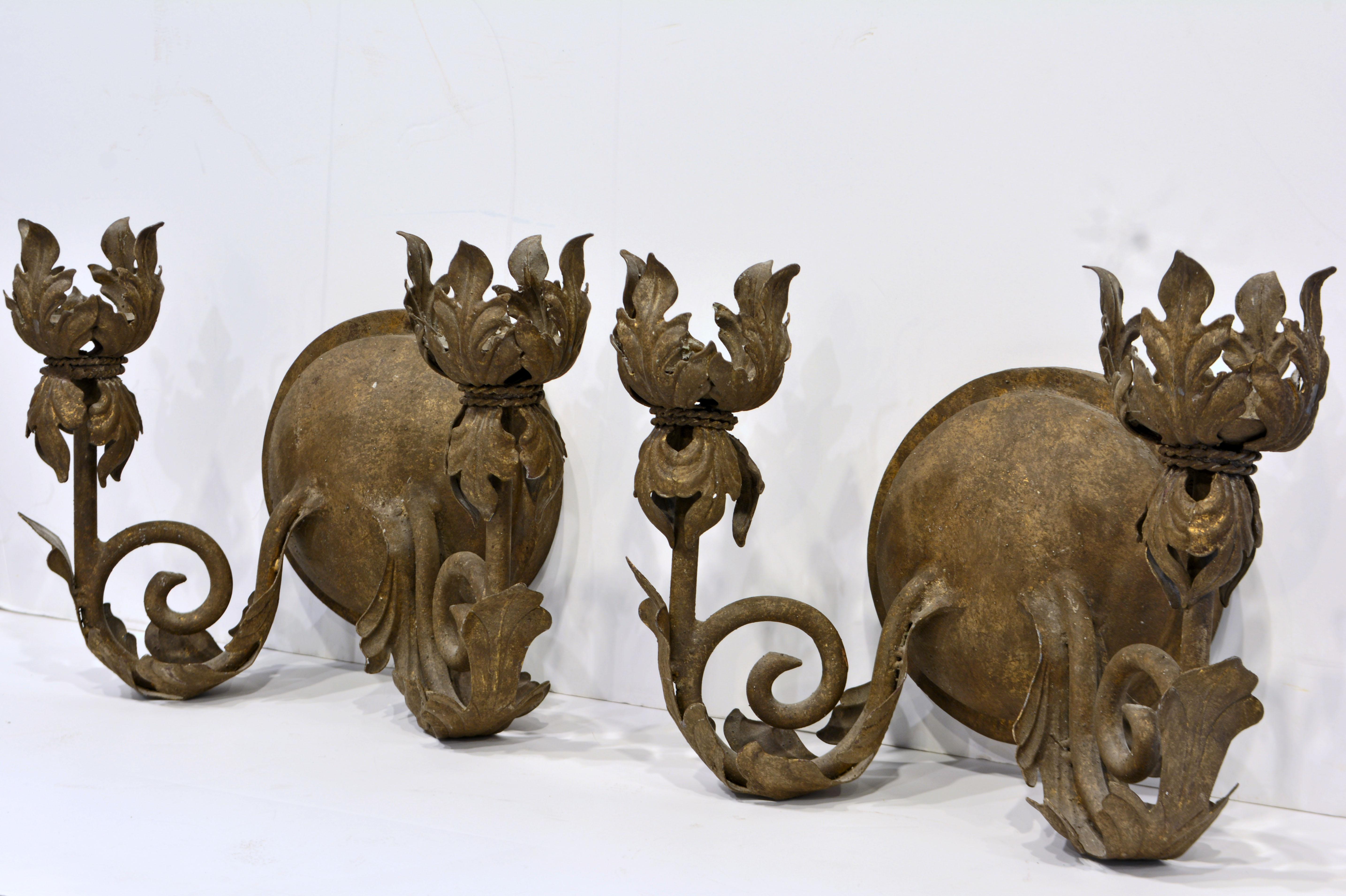 Pair of Vintage Mizner Baroque Style Patinated Iron Leaf Work Wall Sconces 1