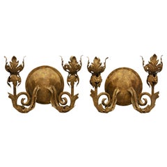 Pair of Vintage Mizner Baroque Style Patinated Iron Leaf Work Wall Sconces