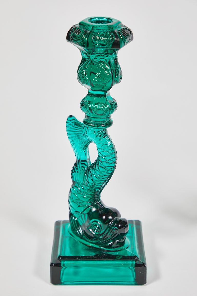 Pair of Vintage MMA Koi Fish Candlesticks in Teal Green Glass at 1stDibs