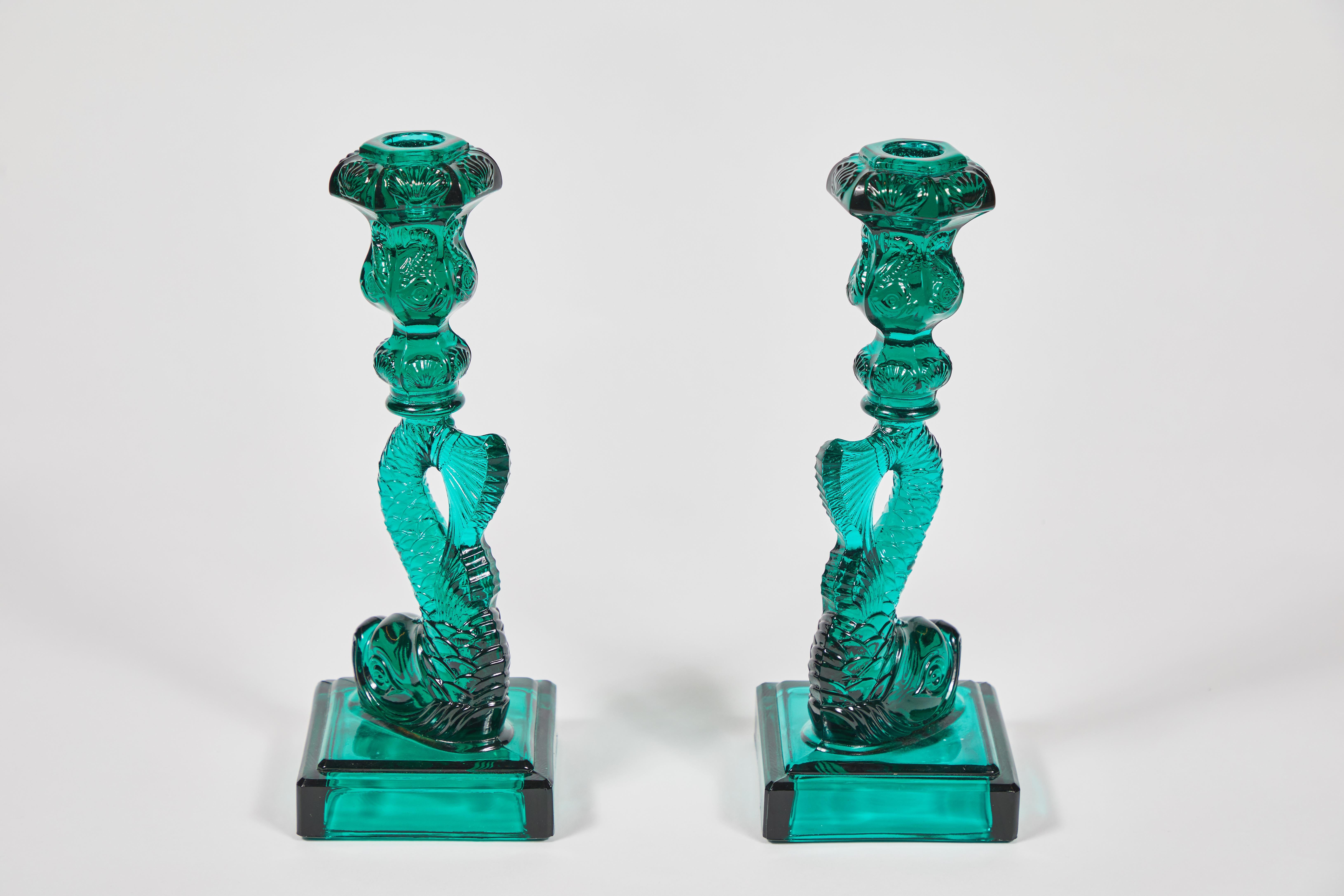 American Pair of Vintage MMA Koi Fish Candlesticks in Teal Green Glass