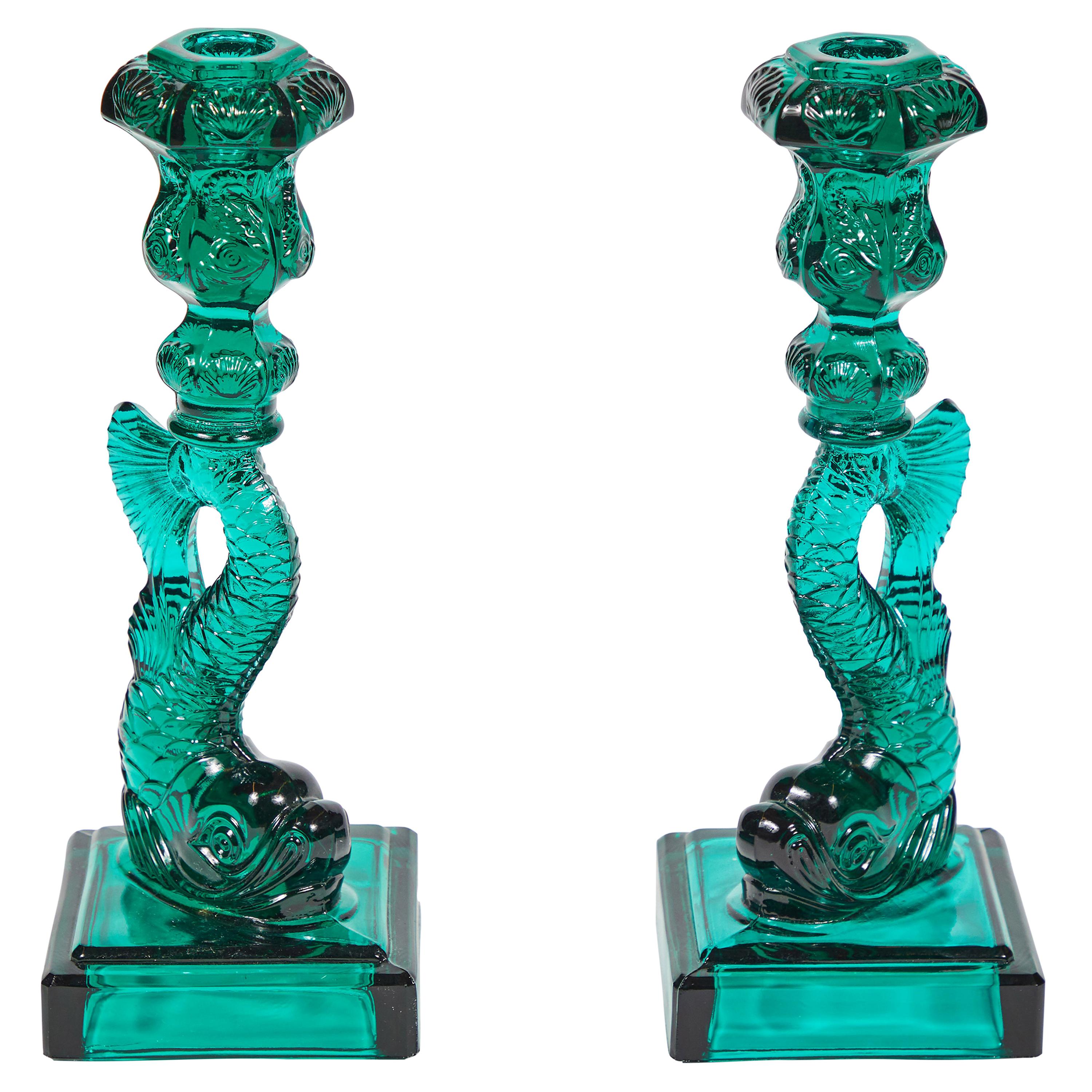 Pair of Vintage MMA Koi Fish Candlesticks in Teal Green Glass
