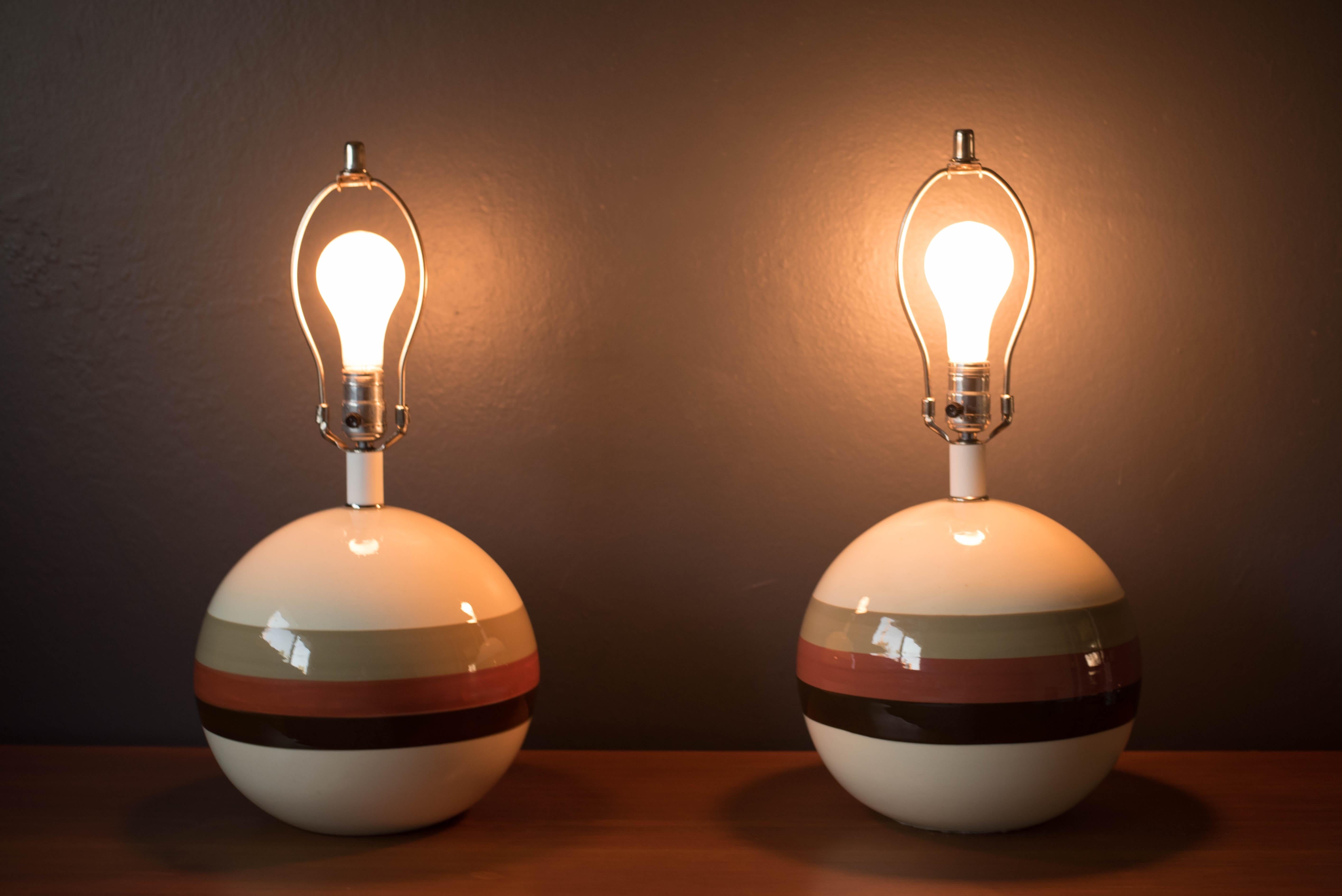 Bohemian Pair of Vintage Mod Round Ceramic Accent Lamps