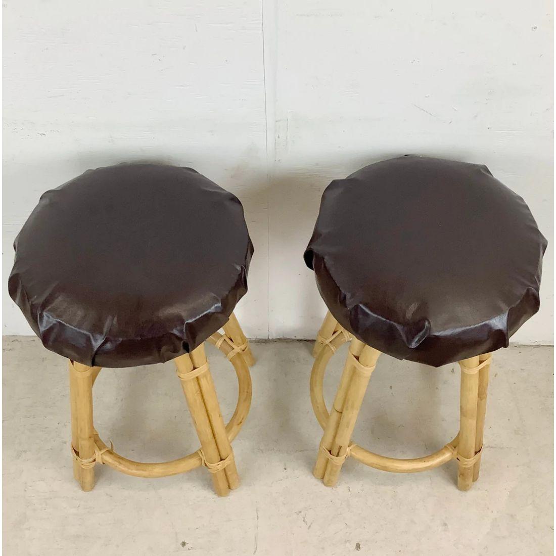 Bohemian Pair of Vintage Modern Bamboo Barstools For Sale