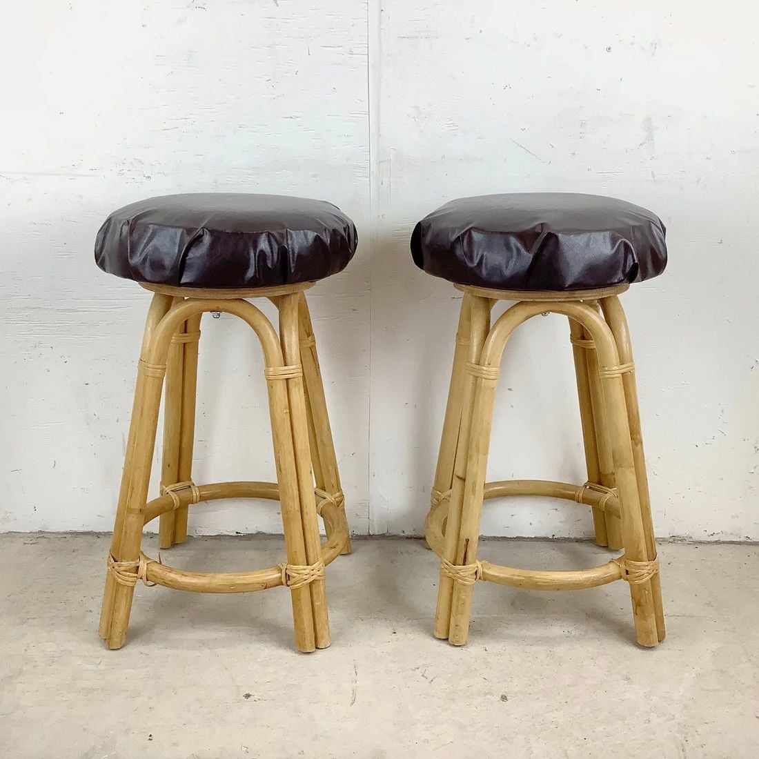 Pair of Vintage Modern Bamboo Barstools For Sale