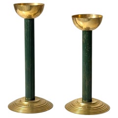 Pair of Vintage Modern Brass and Green Fluted Column Candlesticks c. 1960s