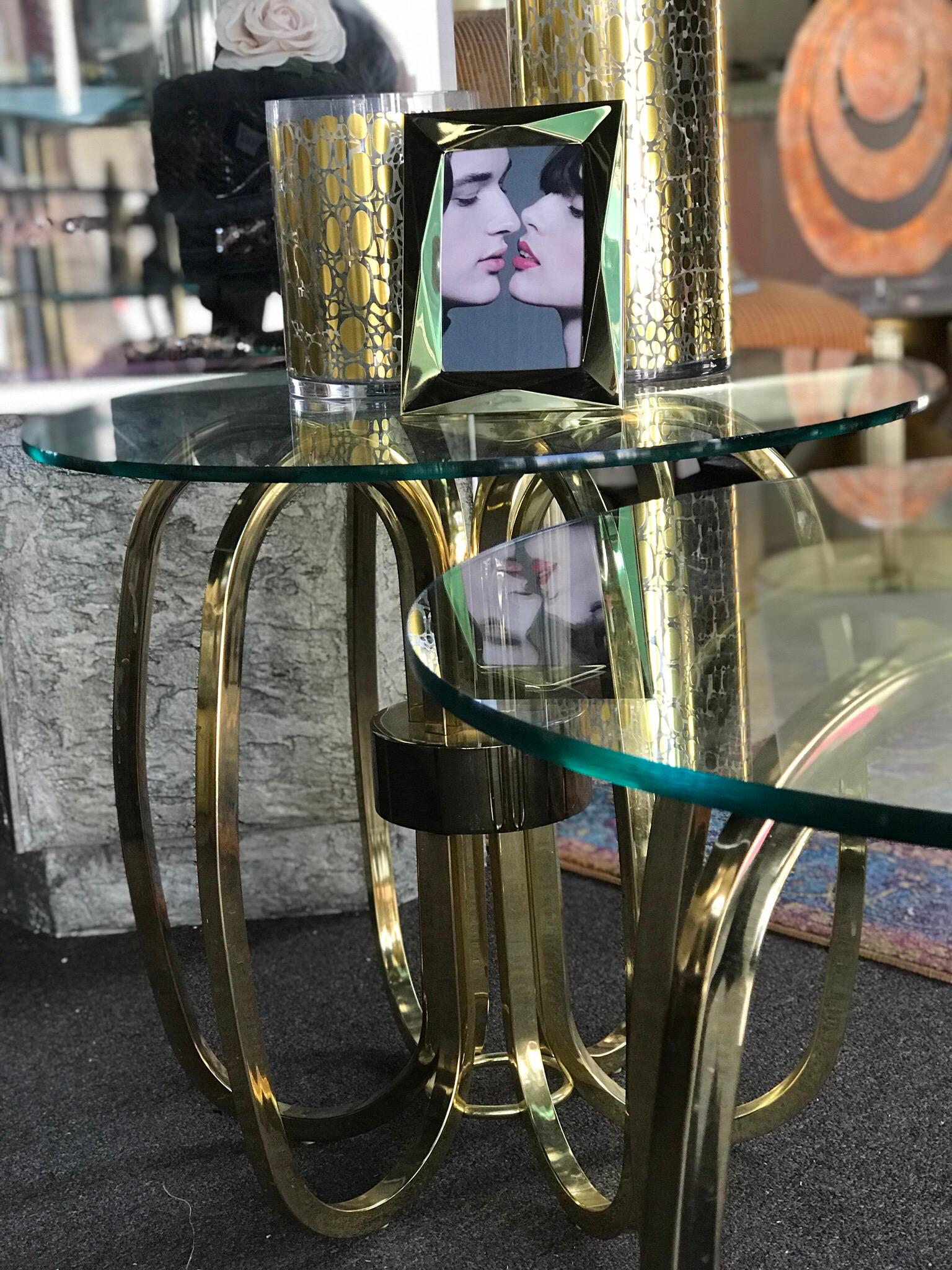 American Pair of Vintage Modern Brass Rings and Glass Side Tables 