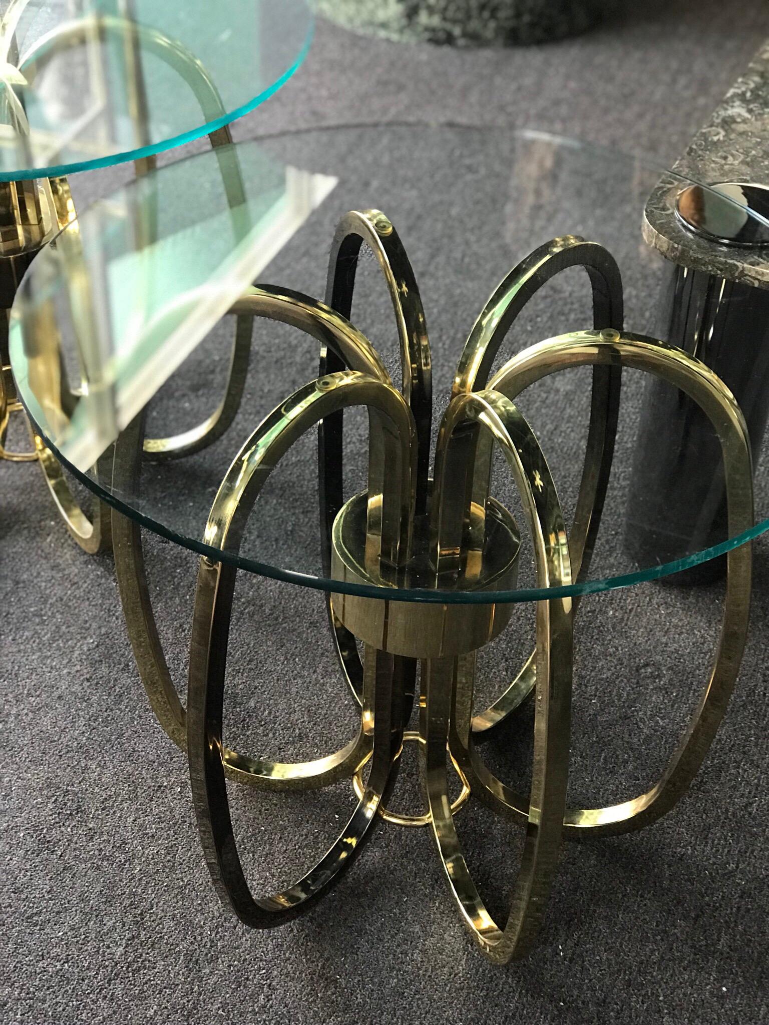 Late 20th Century Pair of Vintage Modern Brass Rings and Glass Side Tables 