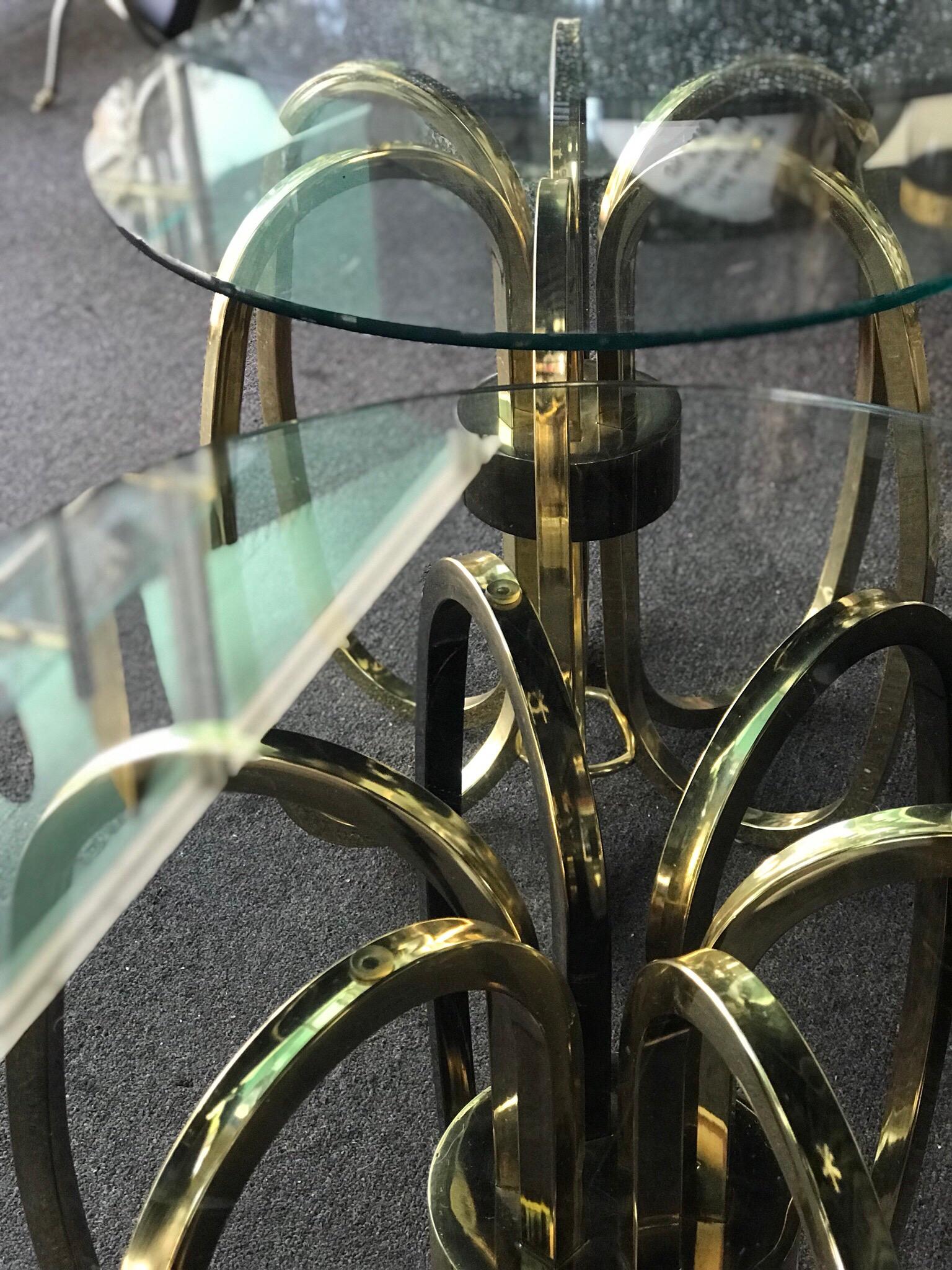 Pair of Vintage Modern Brass Rings and Glass Side Tables  1