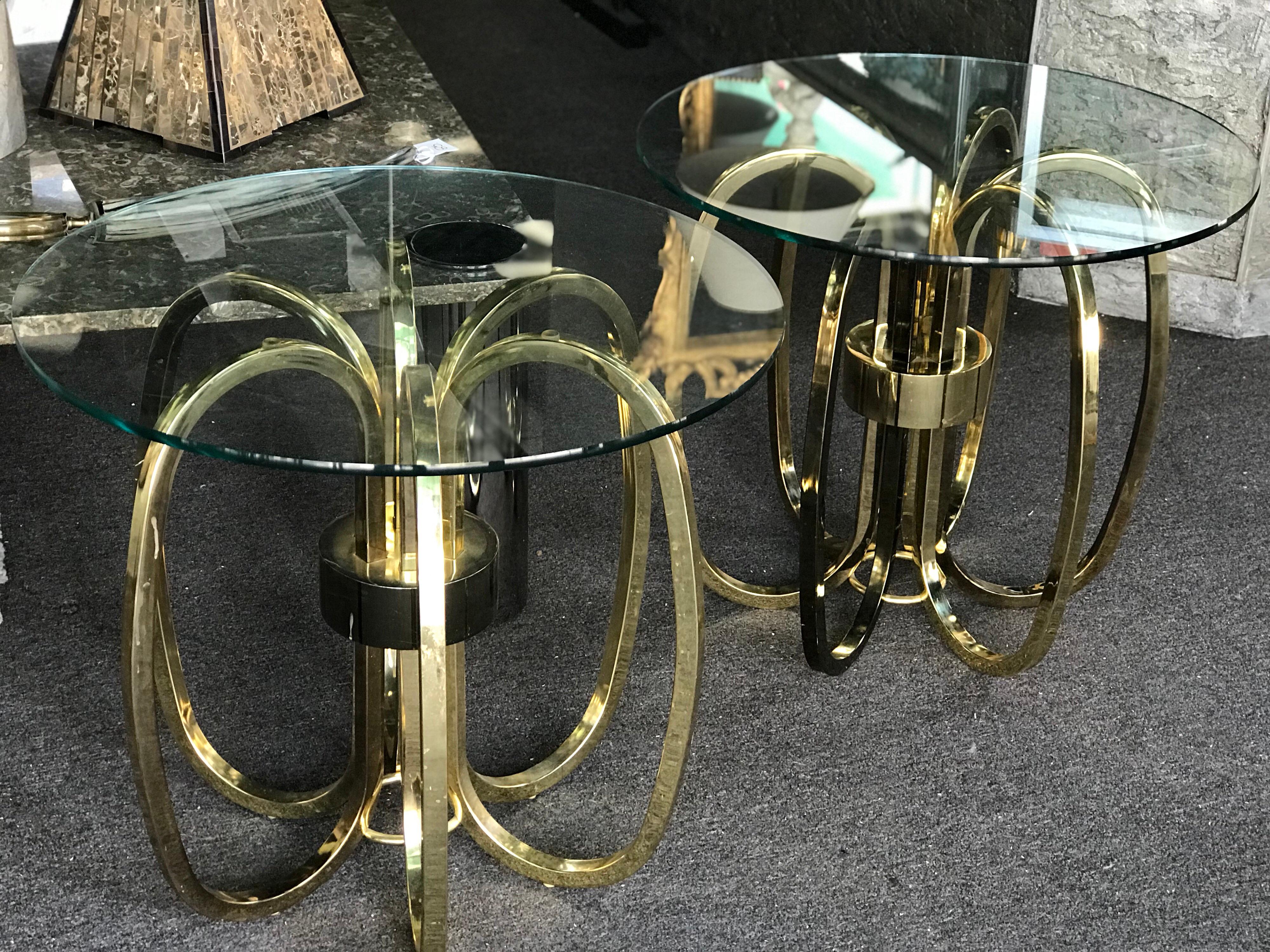 Pair of Vintage Modern Brass Rings and Glass Side Tables  3