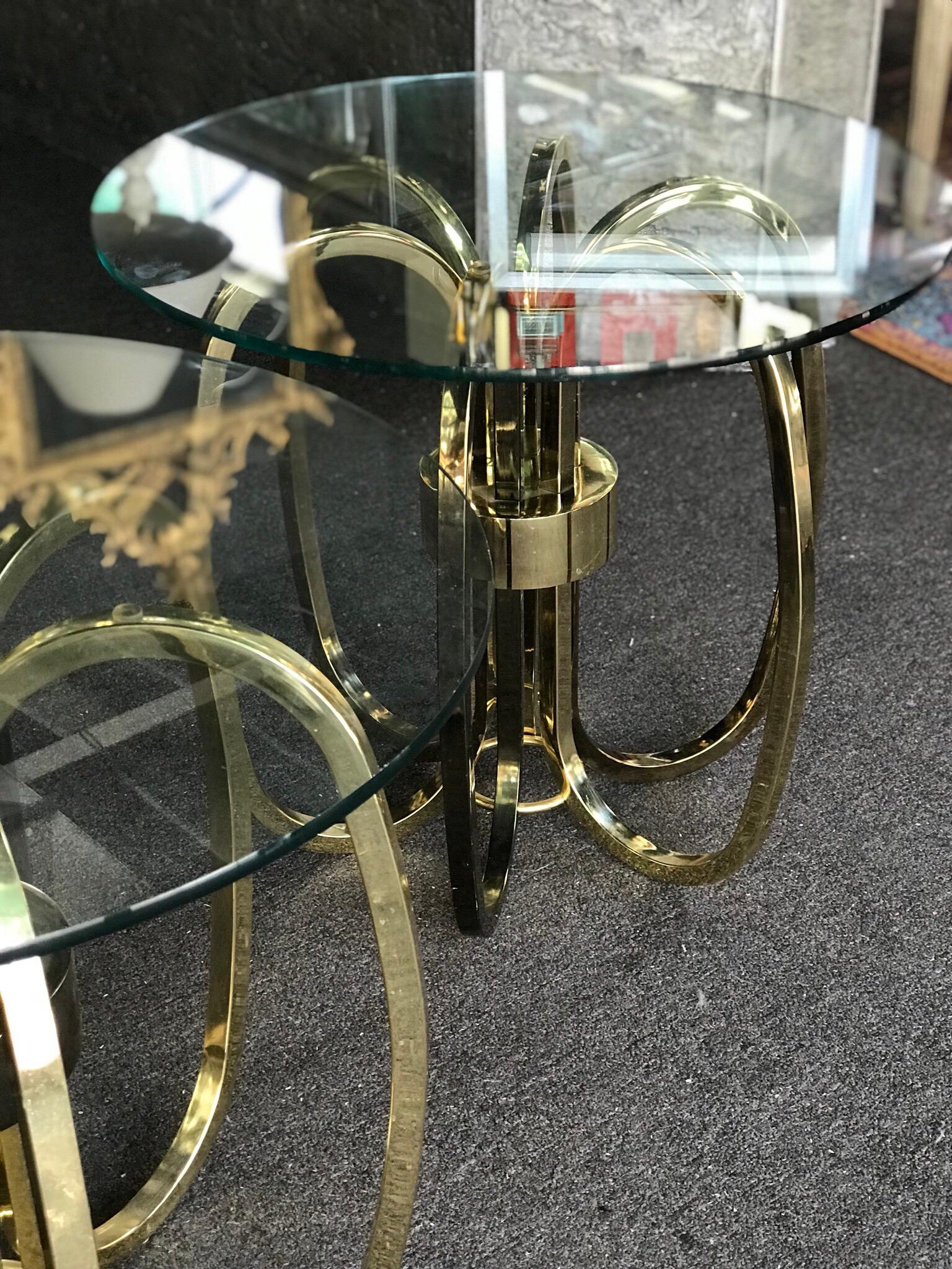 Pair of Vintage Modern Brass Rings and Glass Side Tables  4