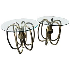 Pair of Vintage Modern Brass Rings and Glass Side Tables 