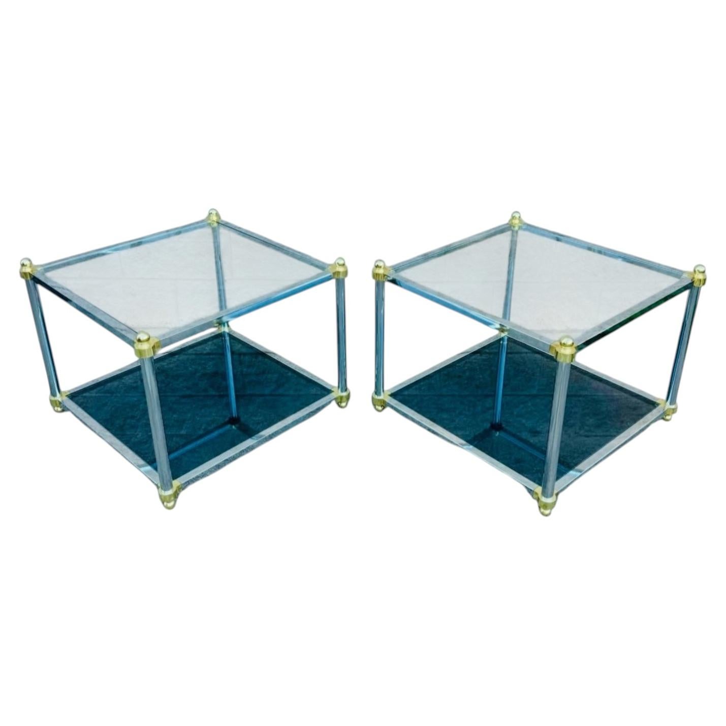 Pair of Vintage Modern Chrome, Brass & Glass Two-Tier End Tables For Sale