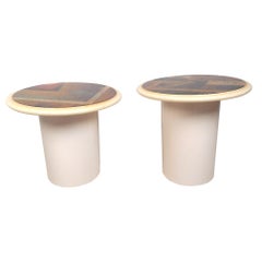 Pair of Vintage Modern Circular End Tables with Illustrated Tops