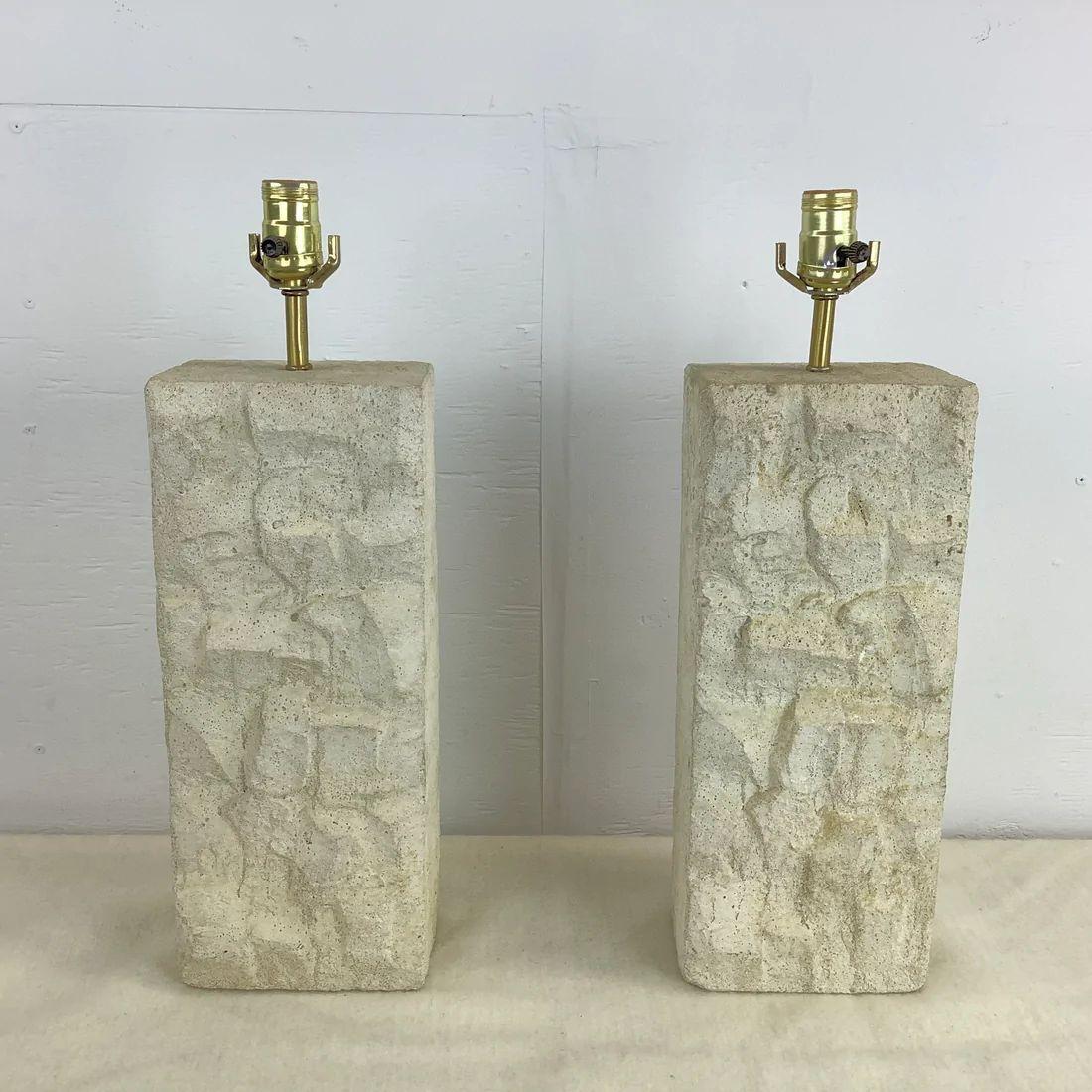 This striking and HEAVY pair of vintage modern table lamps feature textured concrete construction with clean modern lines. The substantial pair of vintage stone table lamps make an impressive addition to any interior setting-

Dimensions: 6.25 W x