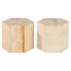 Pair of Vintage Modern Italian Travertine Hexagonal End Tables