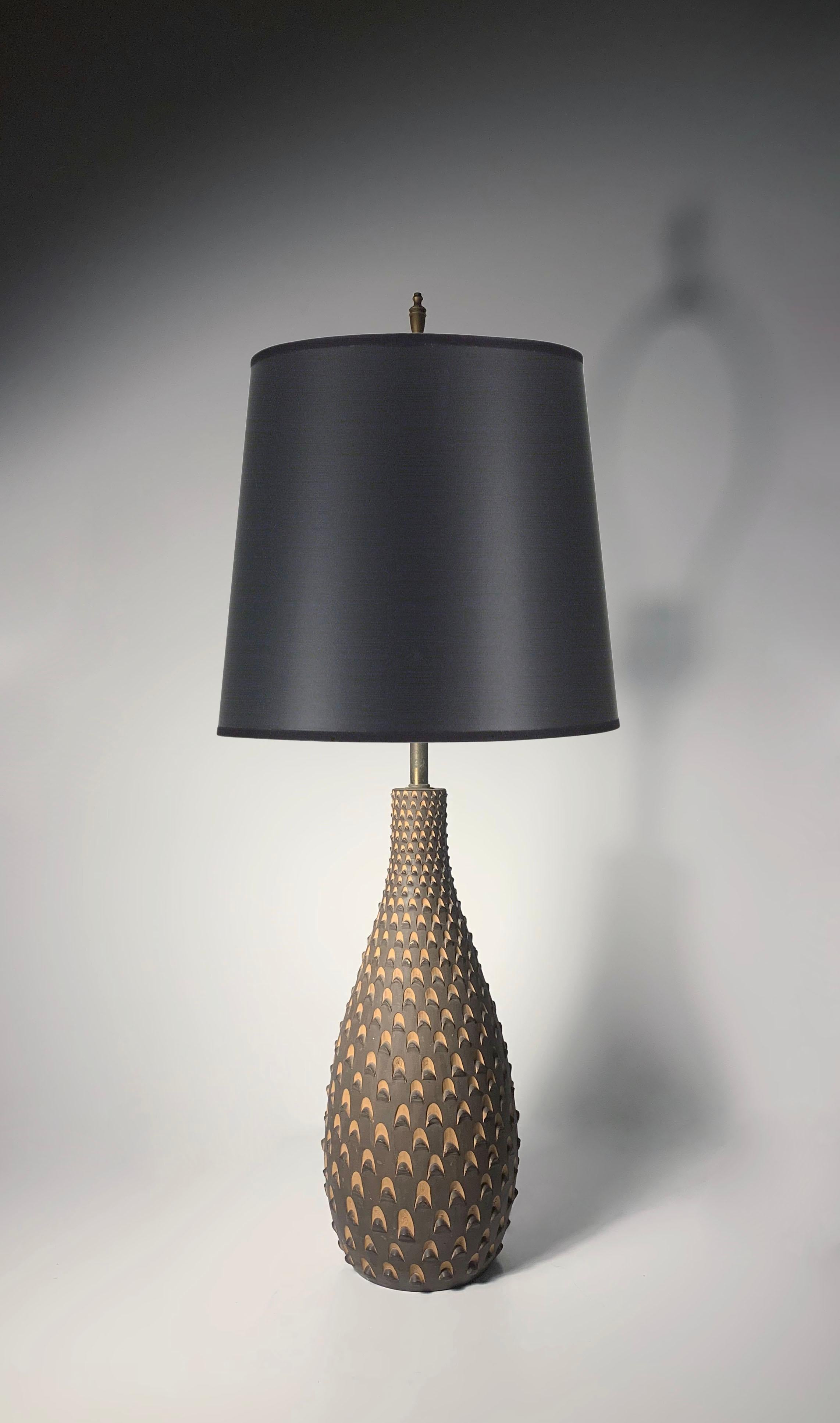 Pair of Vintage Modern Pottery Pinecone Lamps by Raymor

Signed on bottom Raymor Italy. Uncertain to the artist. Possibly Aldo Londi , Ugo Zaccagnini or Fantoni.

minor vintage wear. overall quite nice. One of the lamps the black color is