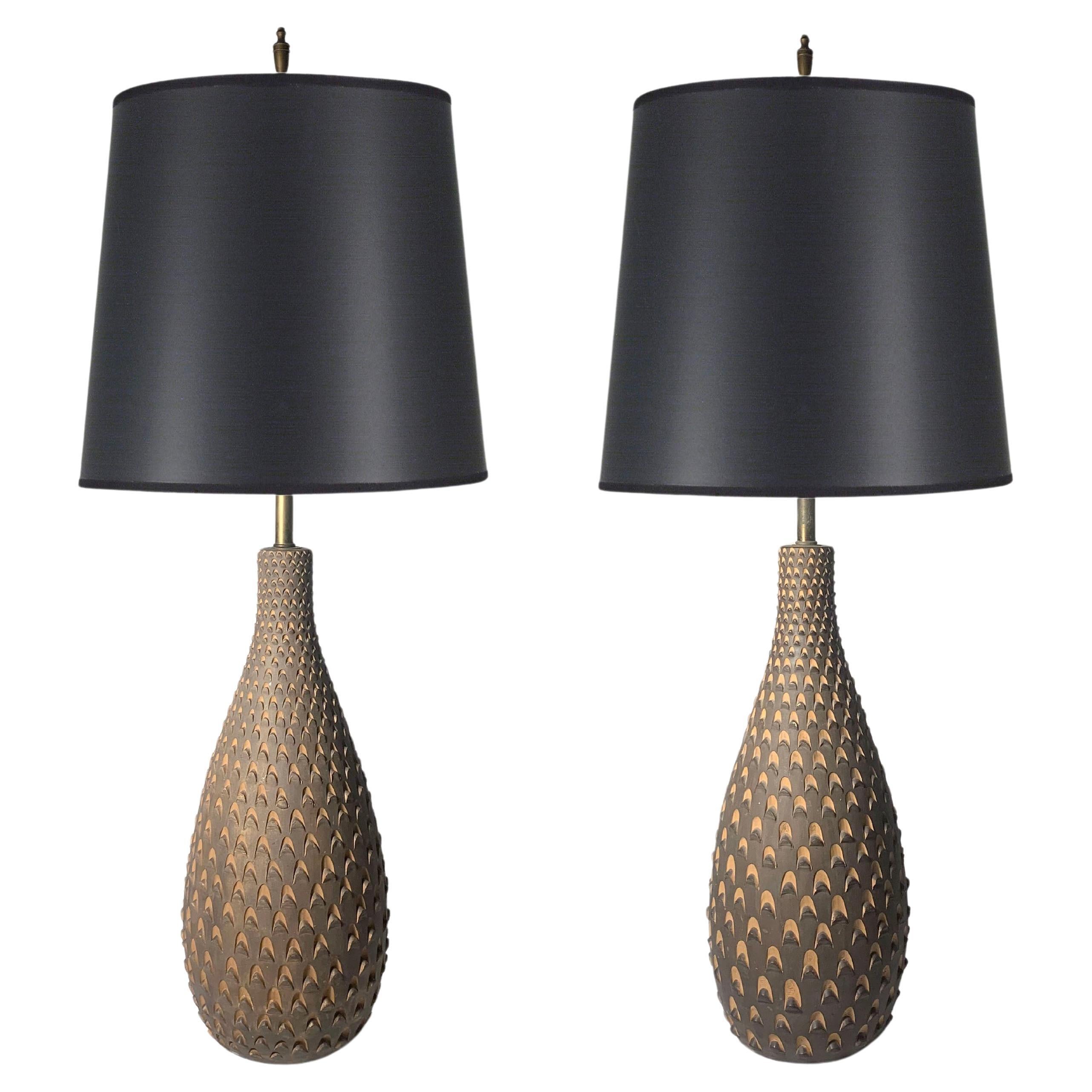 Pair of Vintage Modern Pottery Pinecone Lamps by Raymor