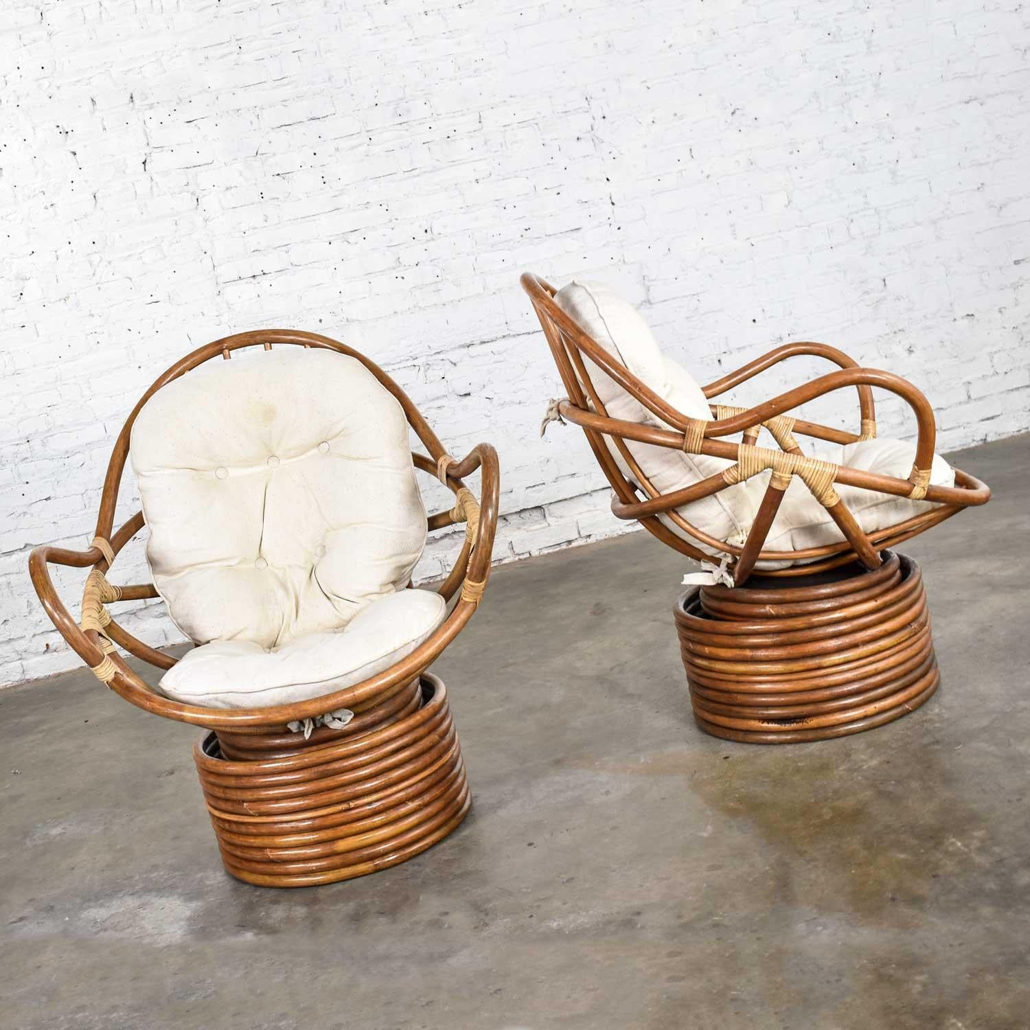 Pair of Vintage Modern Rattan Swivel Mamasan Bucket Lounge Chairs, 1970 2