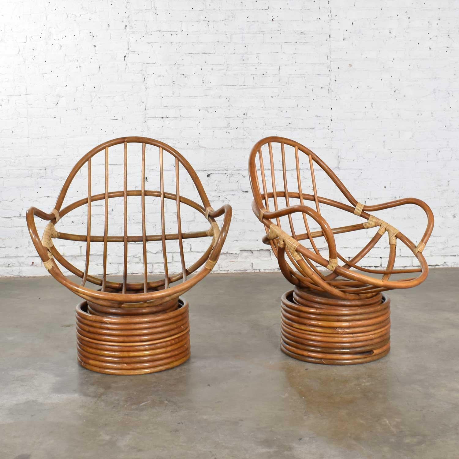 Pair of Vintage Modern Rattan Swivel Mamasan Bucket Lounge Chairs, 1970 4