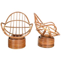 Pair of Retro Modern Rattan Swivel Mamasan Bucket Lounge Chairs, 1970