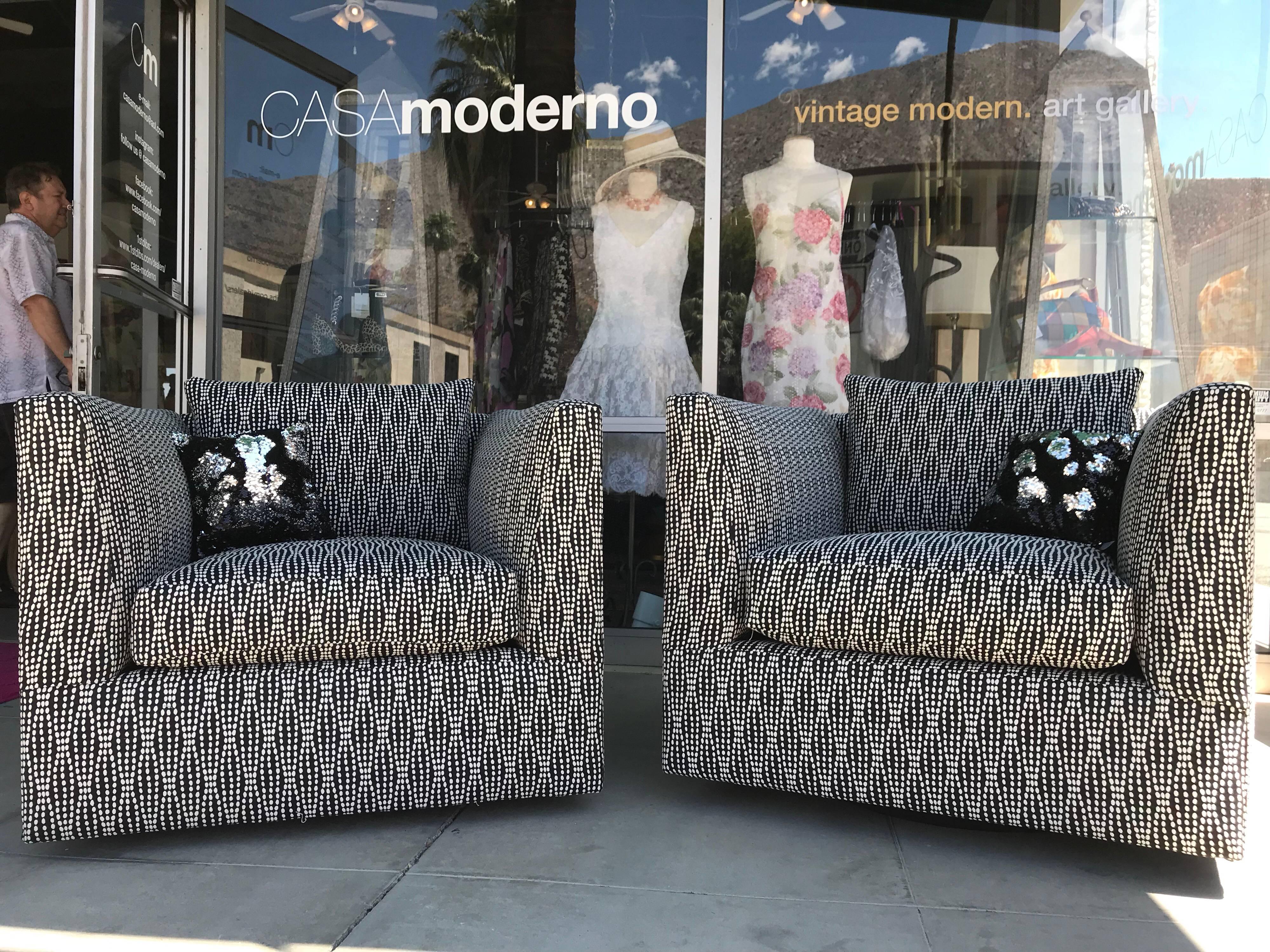 Pair of Vintage Modern Swivel Club Chairs in New Black and White Jacquard Fabric 2