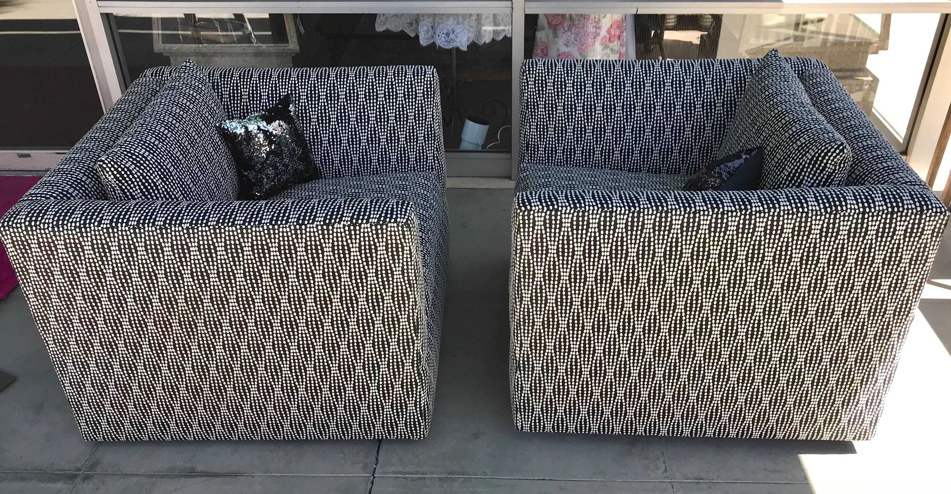Pair of Vintage Modern Swivel Club Chairs in New Black and White Jacquard Fabric 3