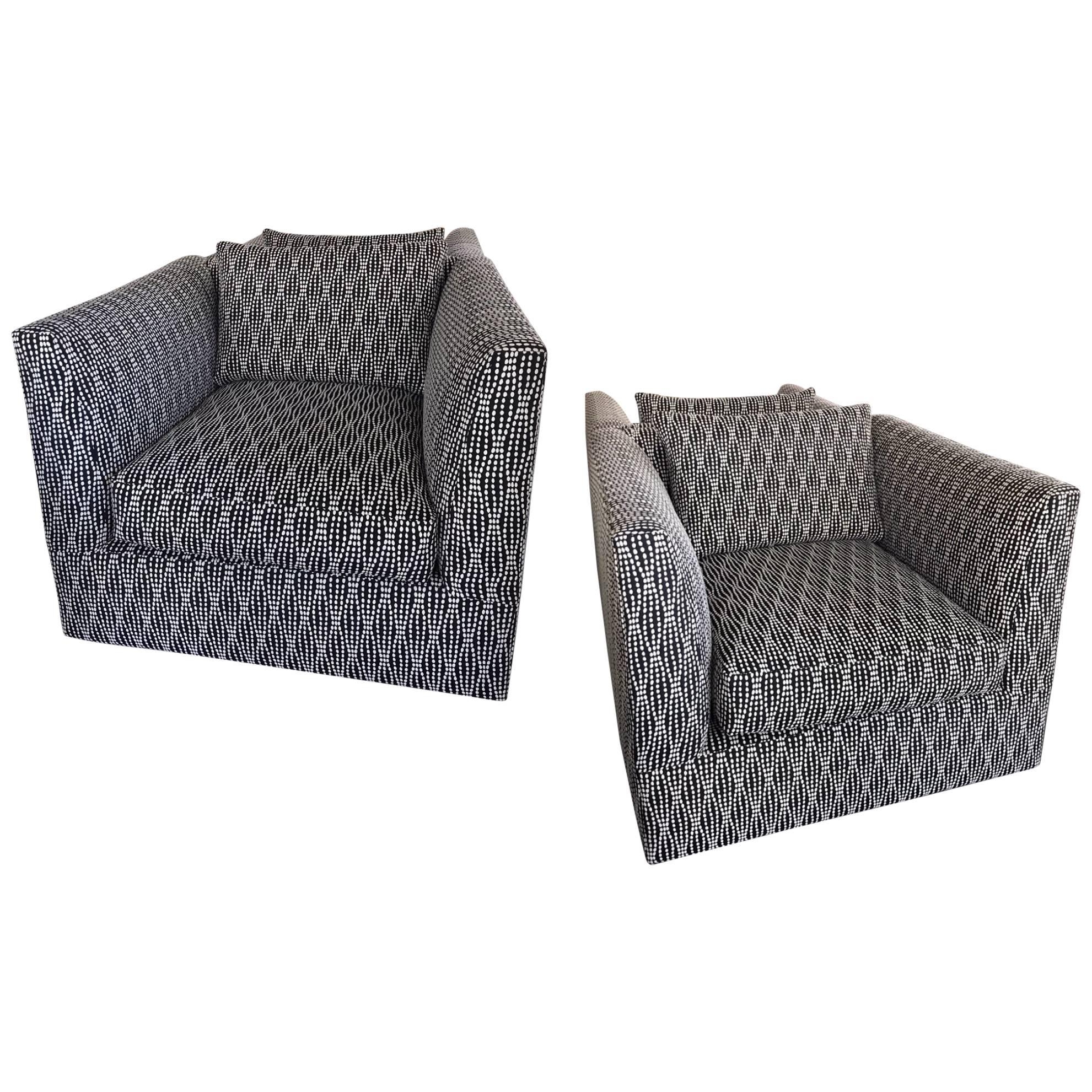 Pair of Vintage Modern Swivel Club Chairs in New Black and White Jacquard Fabric
