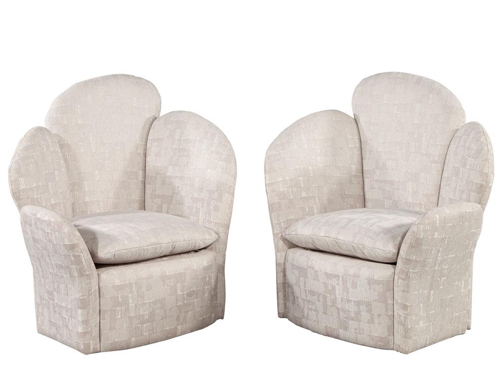 Pair of vintage Modern Tulip Back Parlor arm chairs. This rare mid-century modern design has been restored and reupholstered in unique textured velvet material. Featuring 3 tulip pedal back pieces with removable seat cushion. Price includes