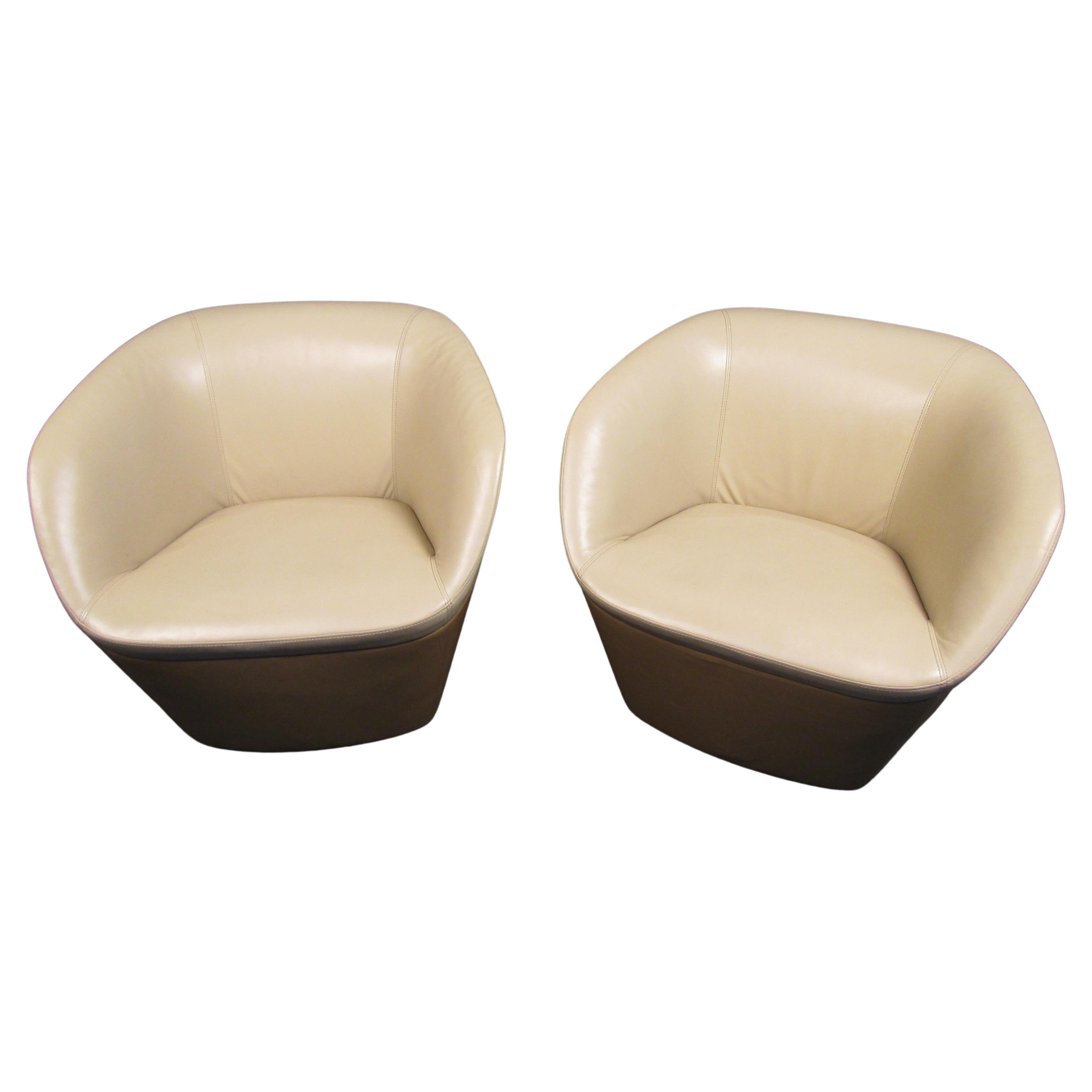 Pair of Vintage Modern Two-Tone Leather Tub Chairs